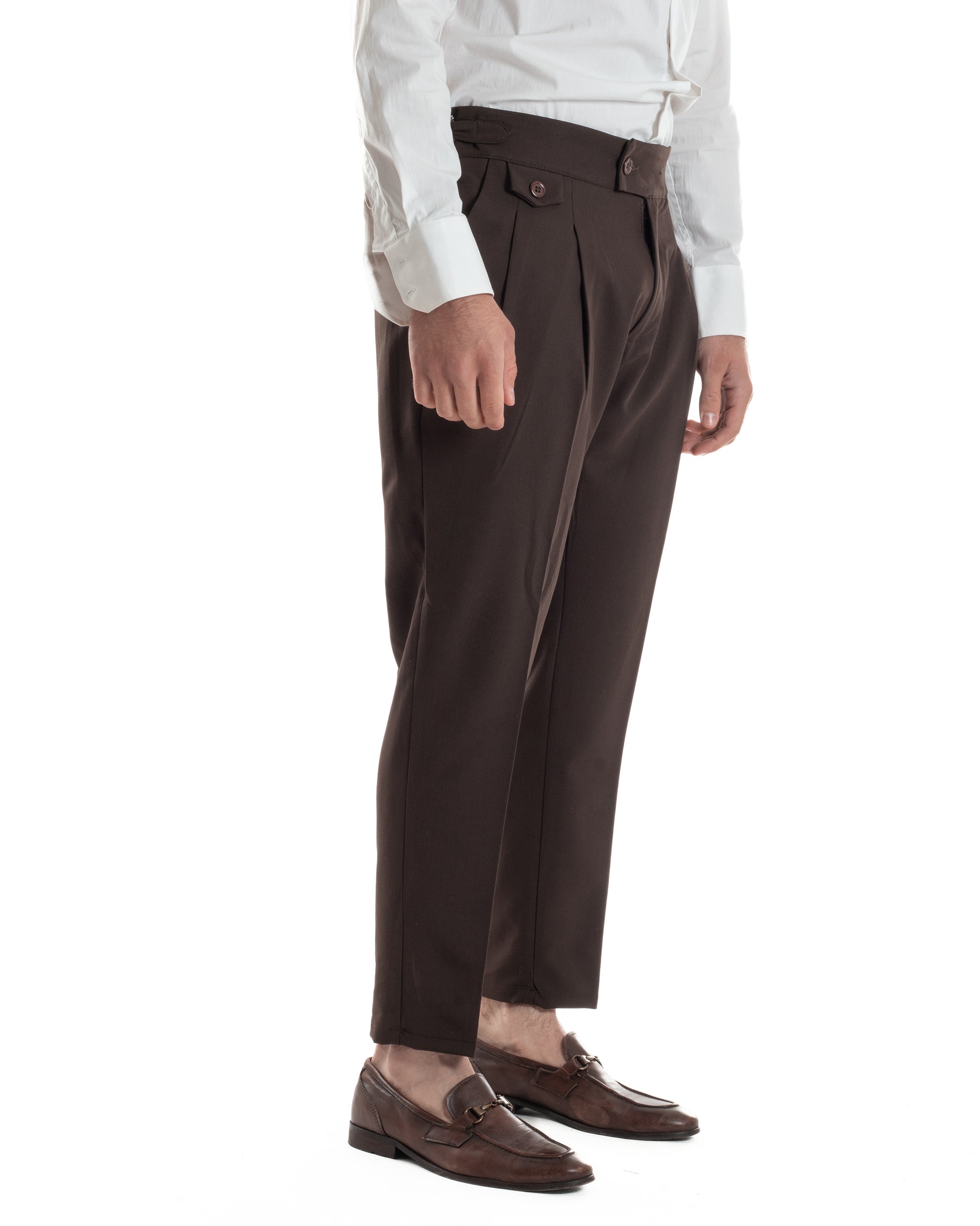 Pantaloni Uomo Classico Con Pinces Vita Alta Gurkha Pants Abbottonatura Allungata Fibbie Viscosa Estivo Casual Marrone GIOSAL-P6273A