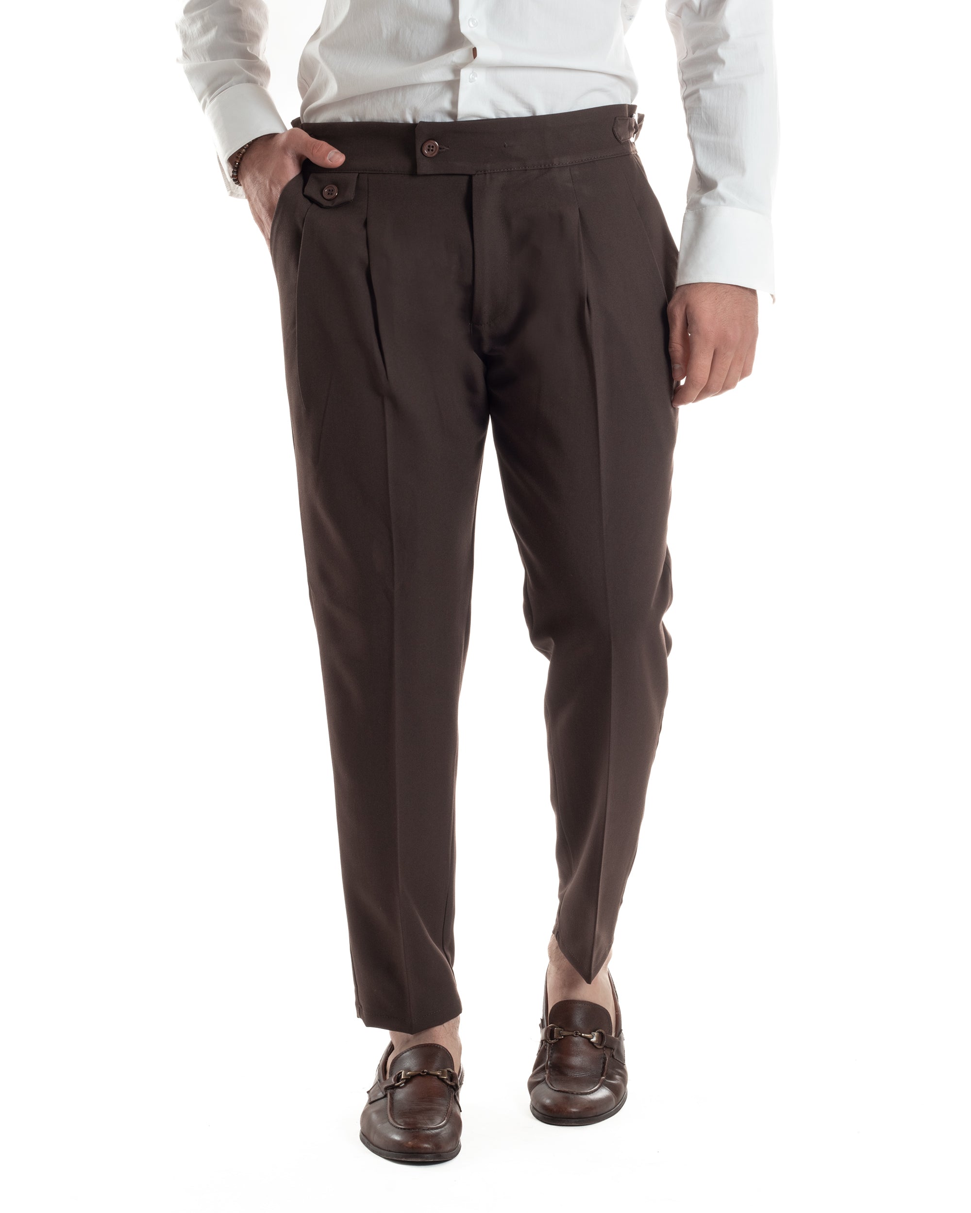 Pantaloni Uomo Classico Con Pinces Vita Alta Gurkha Pants Abbottonatura Allungata Fibbie Viscosa Estivo Casual Marrone GIOSAL-P6273A