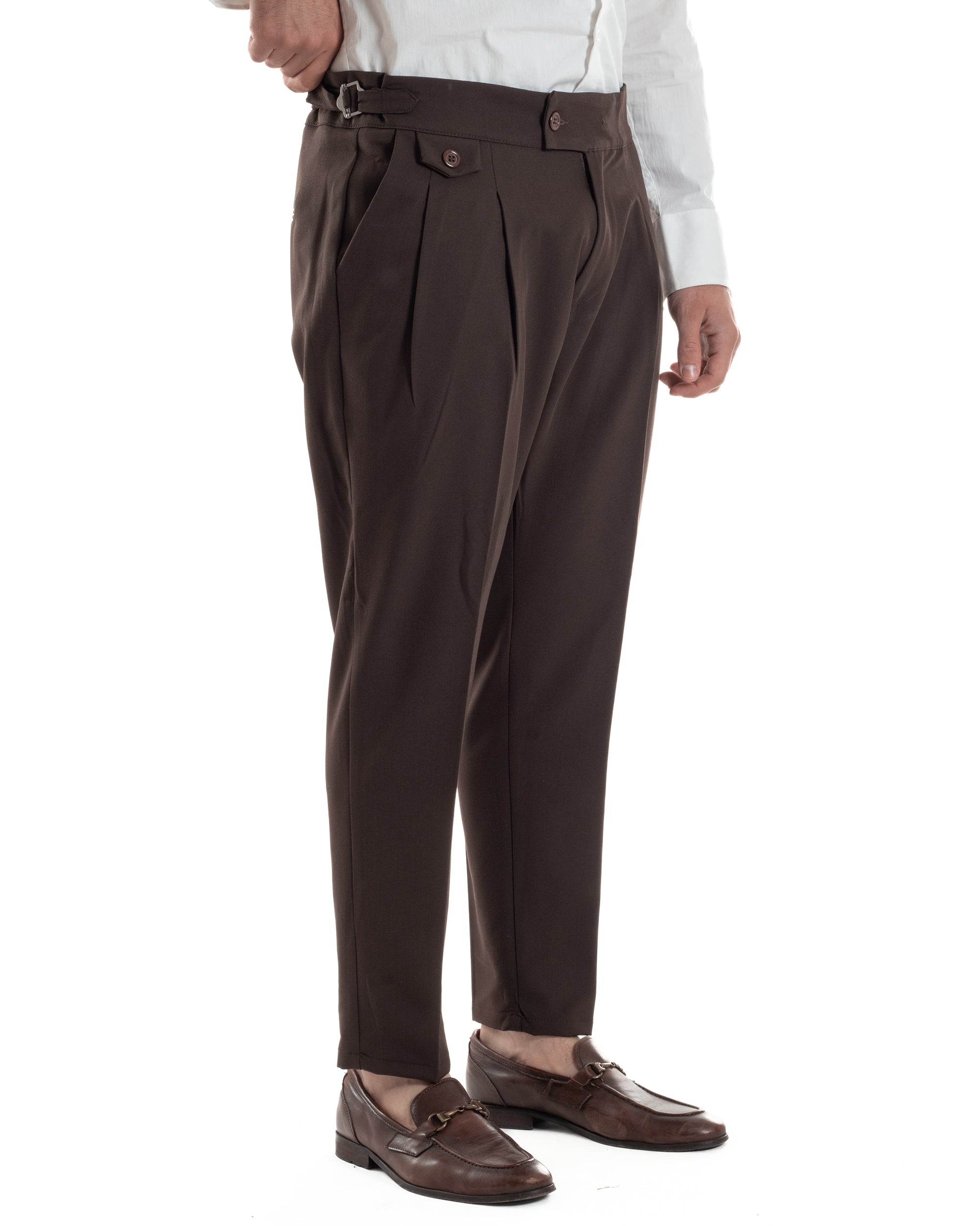 Pantaloni Uomo Classico Con Pinces Vita Alta Gurkha Pants Abbottonatura Allungata Fibbie Viscosa Estivo Casual Marrone GIOSAL-P6273A