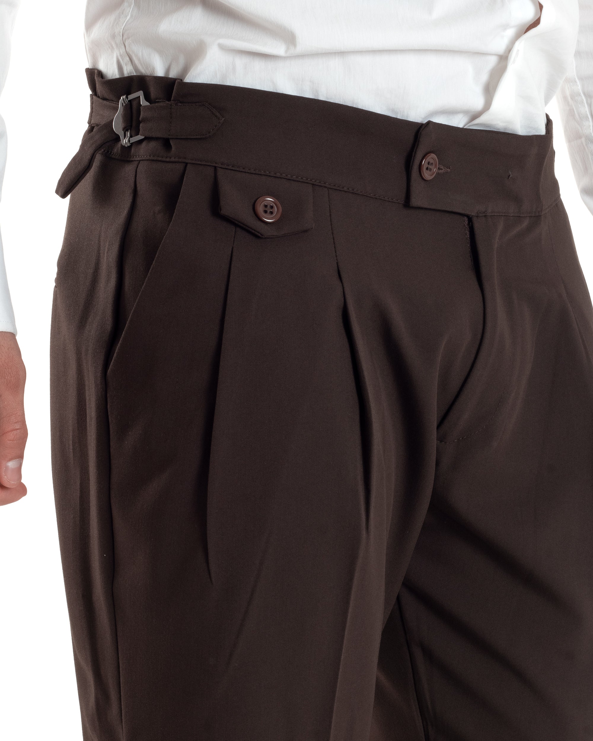 Pantaloni Uomo Classico Con Pinces Vita Alta Gurkha Pants Abbottonatura Allungata Fibbie Viscosa Estivo Casual Marrone GIOSAL-P6273A