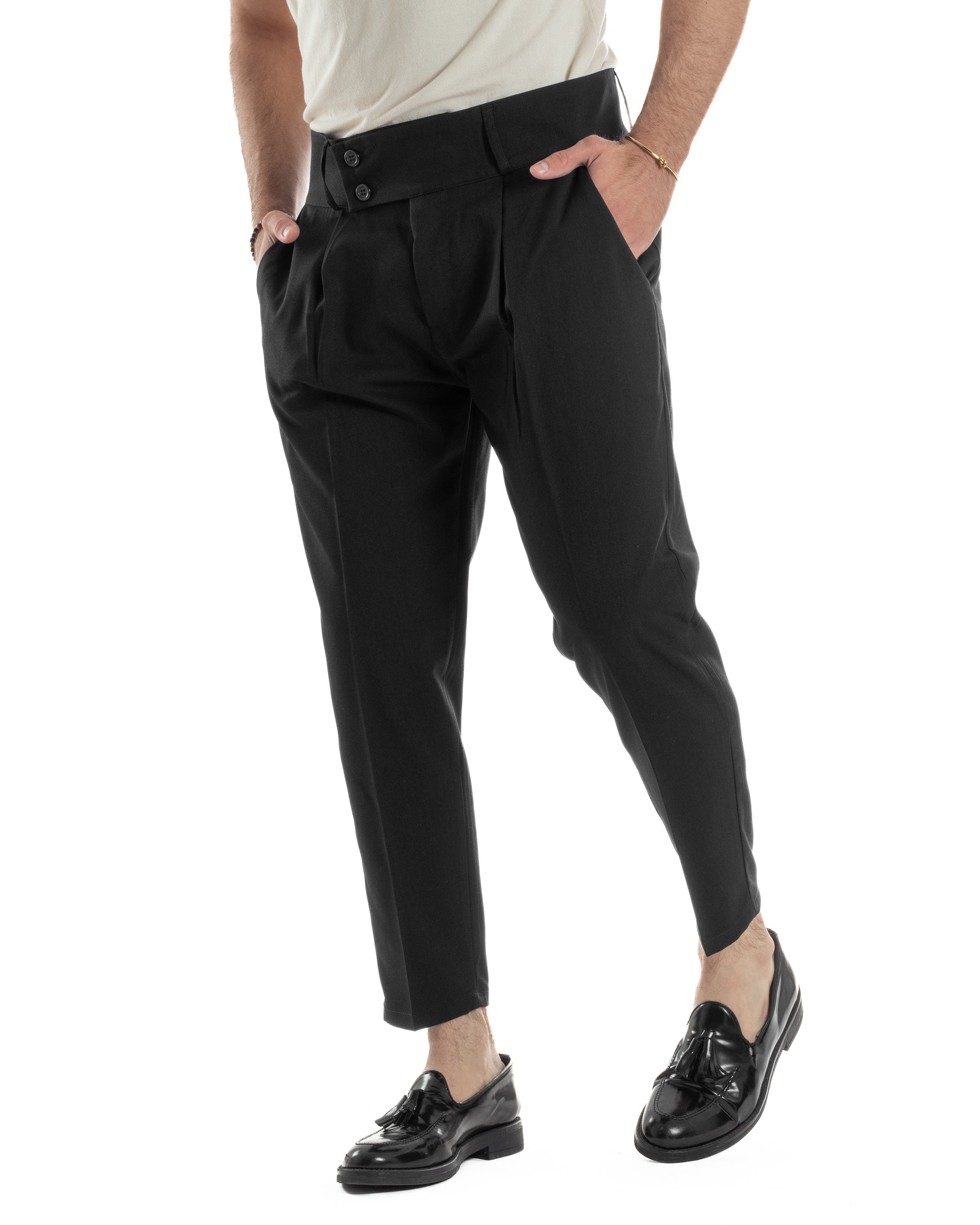 Pantaloni Uomo Vita Alta Con Pinces Classico Bustino Abbottonatura Allungata Casual Viscosa Estivo Nero GIOSAL-P6274A