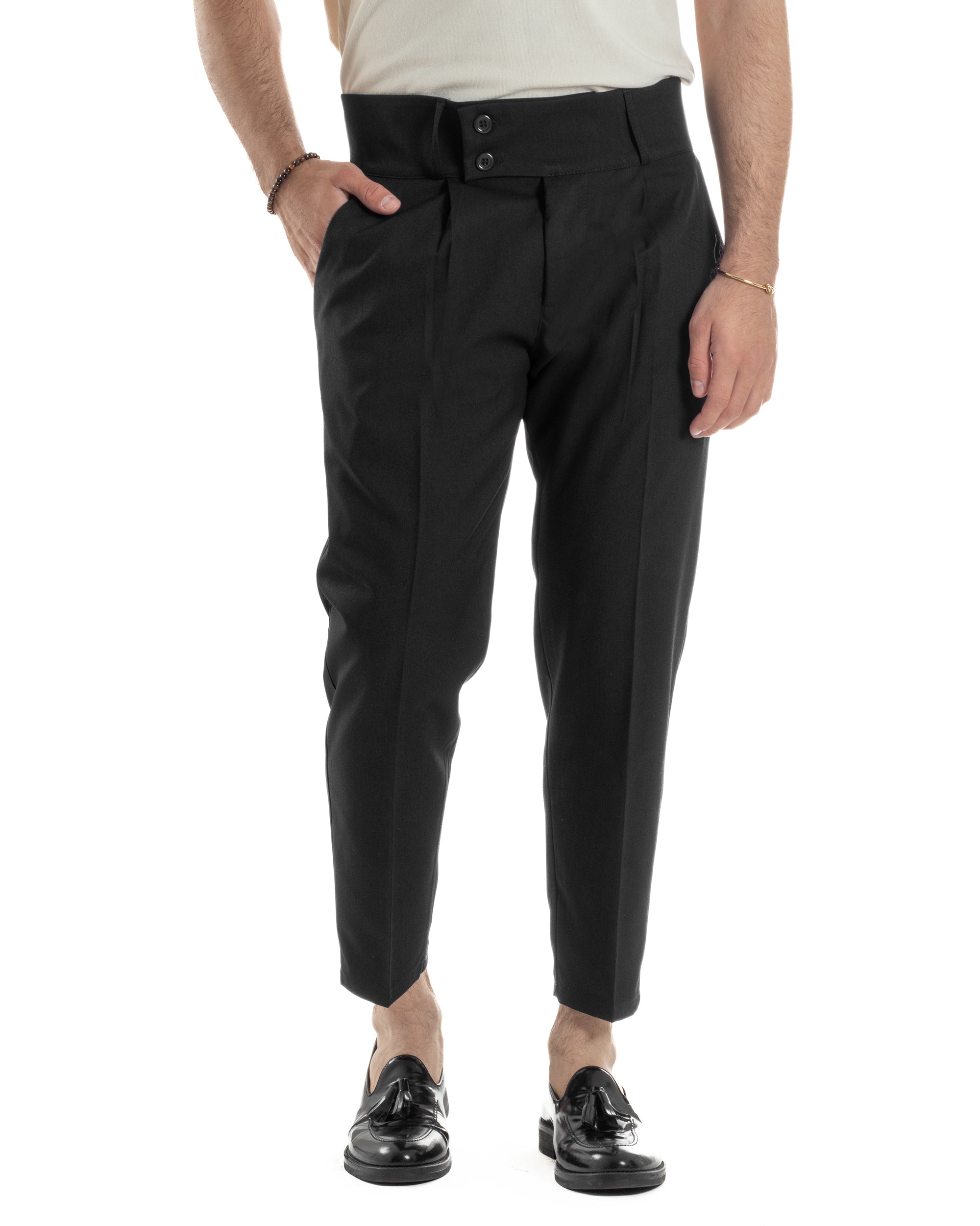 Pantaloni Uomo Vita Alta Con Pinces Classico Bustino Abbottonatura Allungata Casual Viscosa Estivo Nero GIOSAL-P6274A