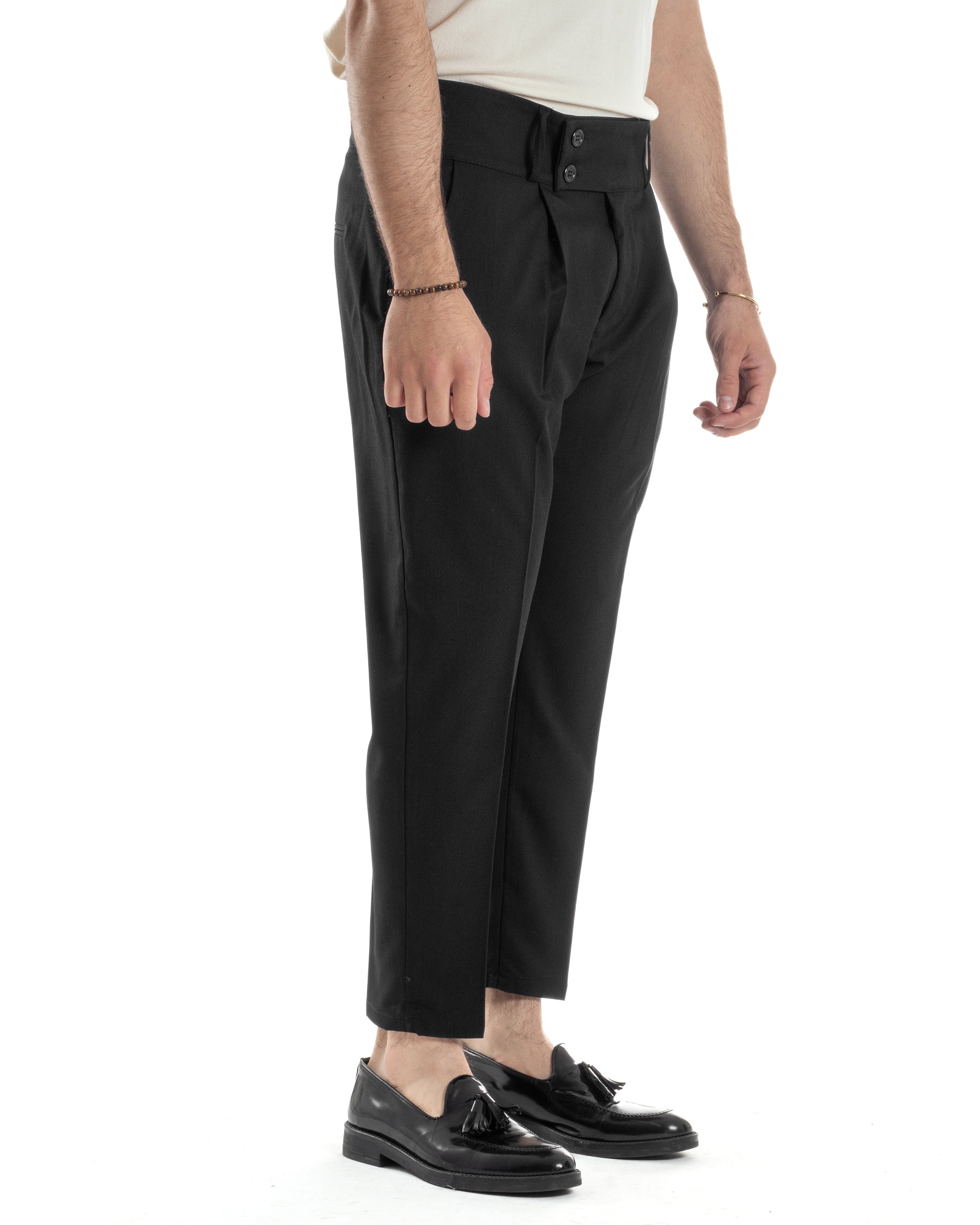 Pantaloni Uomo Vita Alta Con Pinces Classico Bustino Abbottonatura Allungata Casual Viscosa Estivo Nero GIOSAL-P6274A