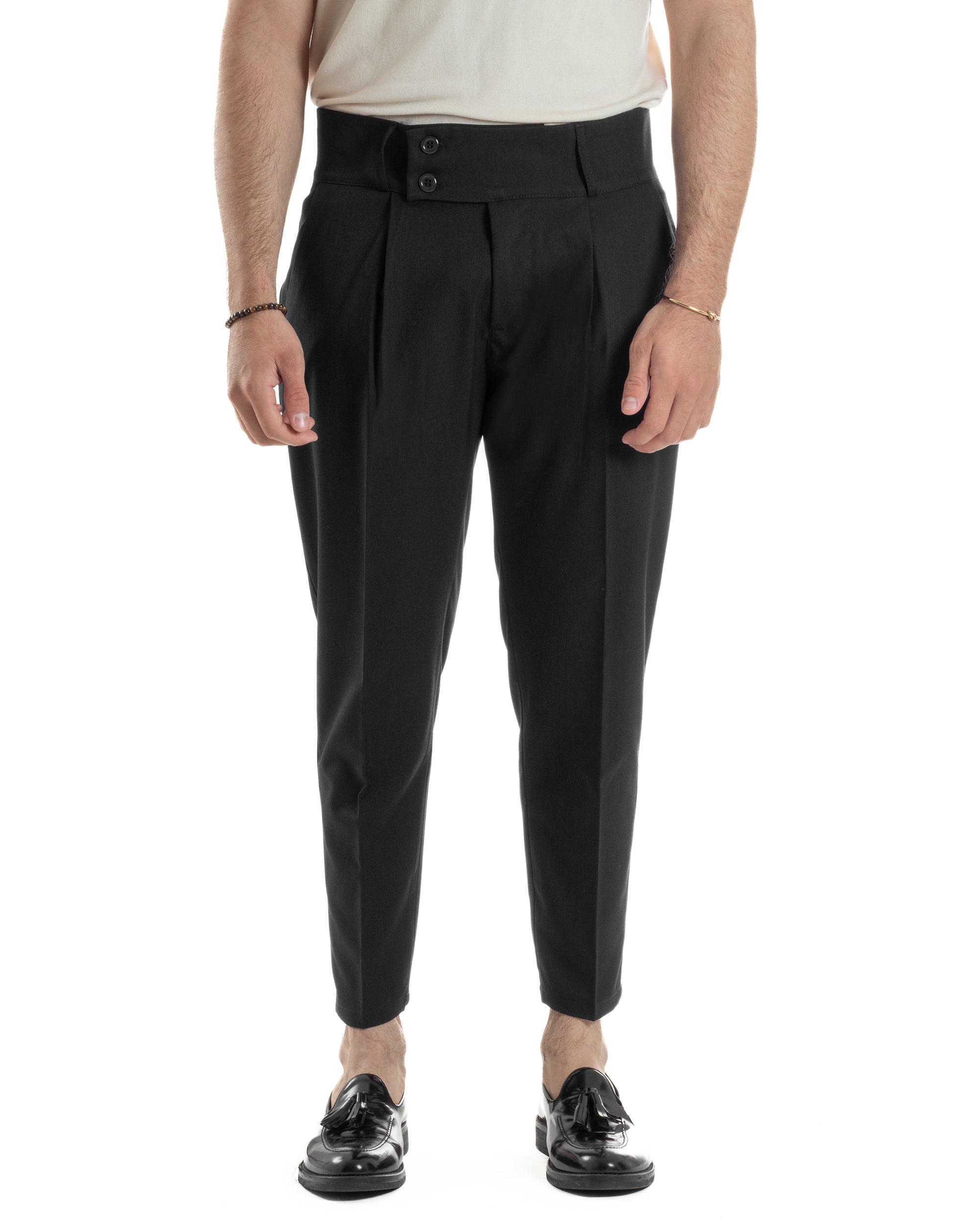Pantaloni Uomo Vita Alta Con Pinces Classico Bustino Abbottonatura Allungata Casual Viscosa Estivo Nero GIOSAL-P6274A