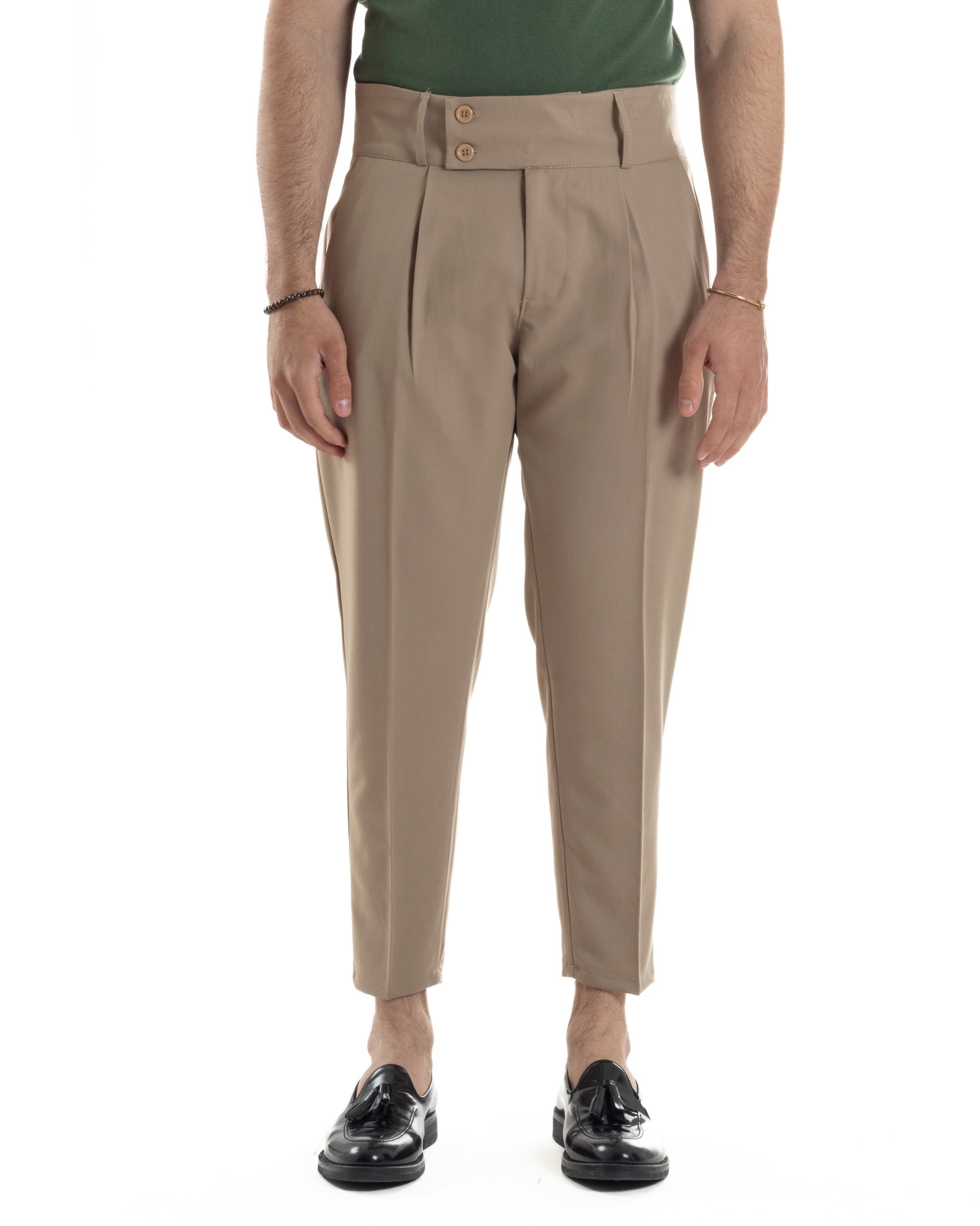 Pantaloni Uomo Vita Alta Con Pinces Classico Bustino Abbottonatura Allungata Casual Viscosa Estivo Beige GIOSAL-P6276A
