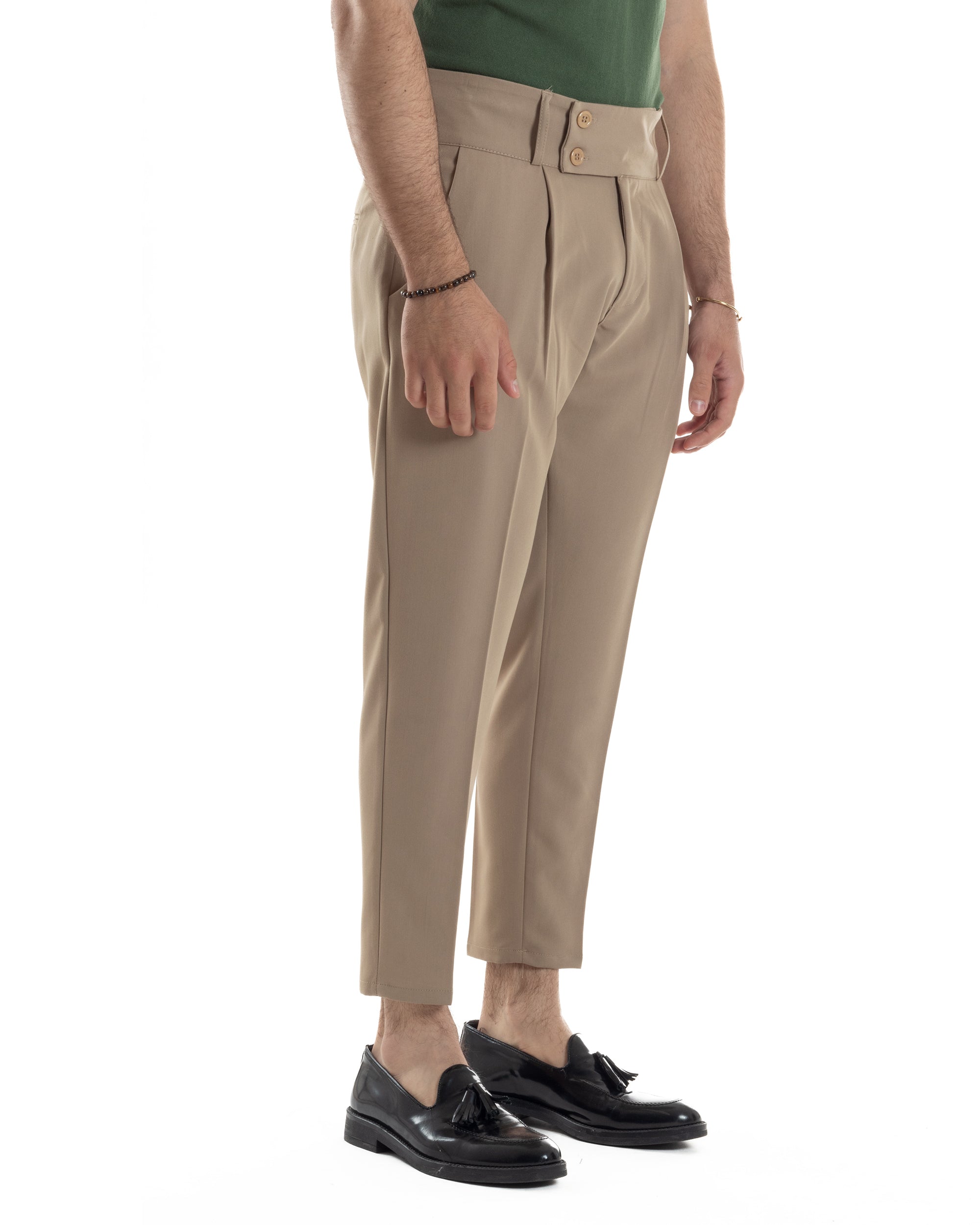 Pantaloni Uomo Vita Alta Con Pinces Classico Bustino Abbottonatura Allungata Casual Viscosa Estivo Beige GIOSAL-P6276A