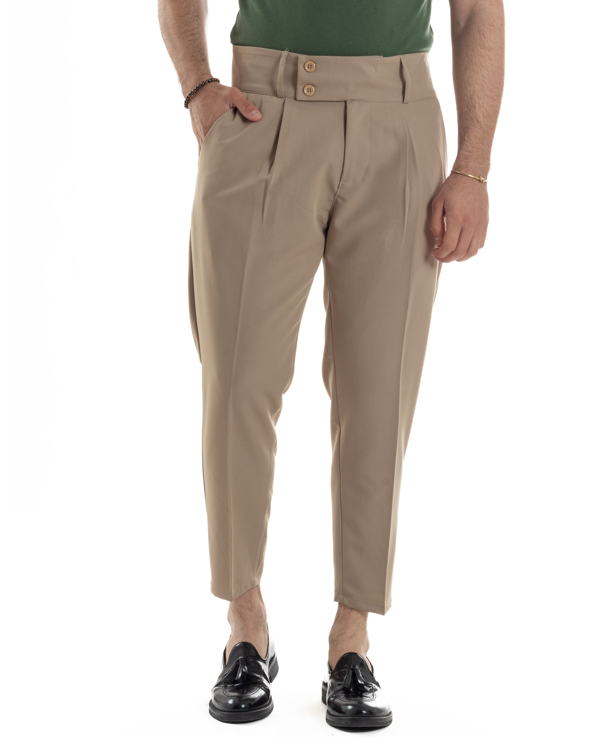 Pantaloni Uomo Vita Alta Con Pinces Classico Bustino Abbottonatura Allungata Casual Viscosa Estivo Beige GIOSAL-P6276A