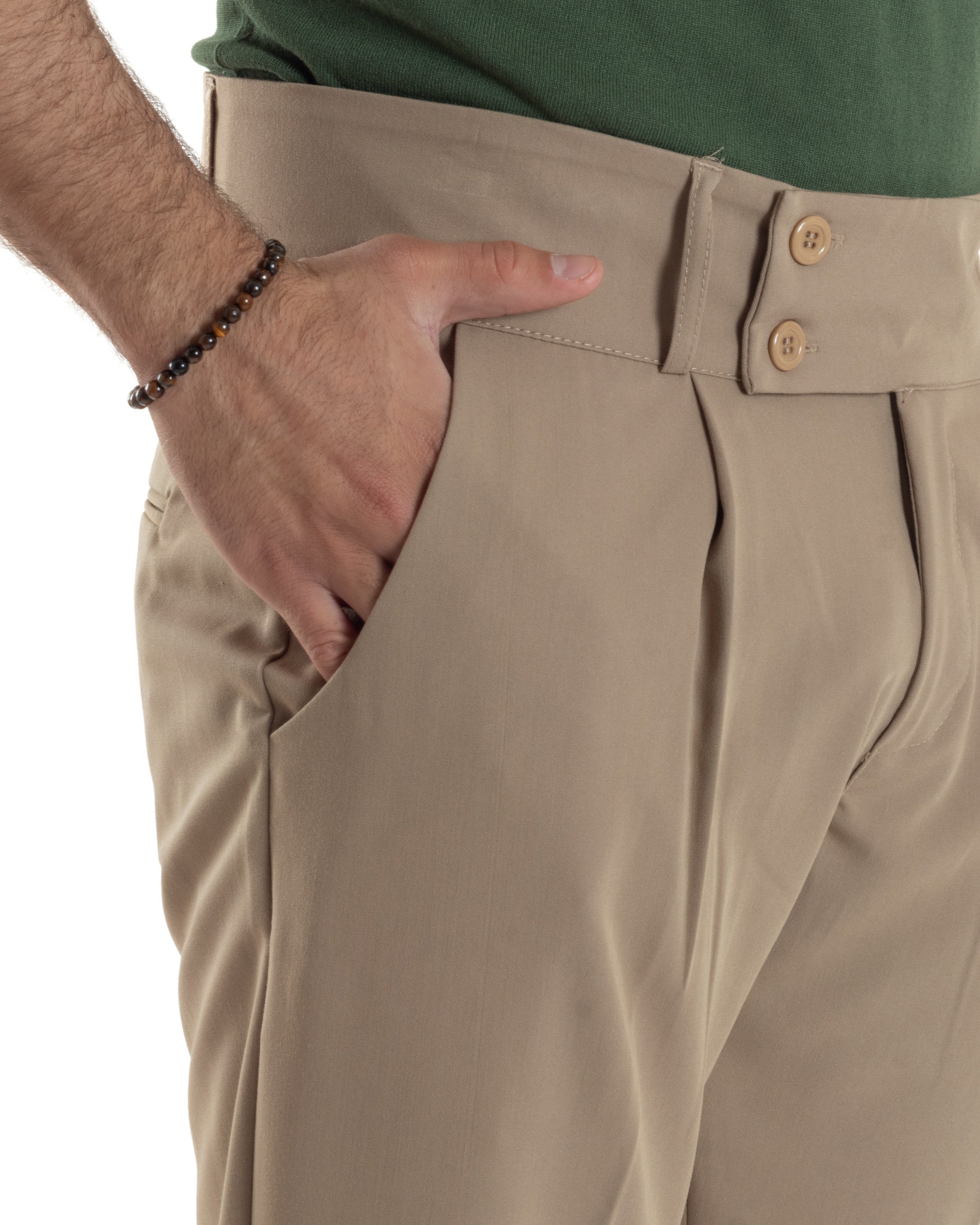 Pantaloni Uomo Vita Alta Con Pinces Classico Bustino Abbottonatura Allungata Casual Viscosa Estivo Beige GIOSAL-P6276A