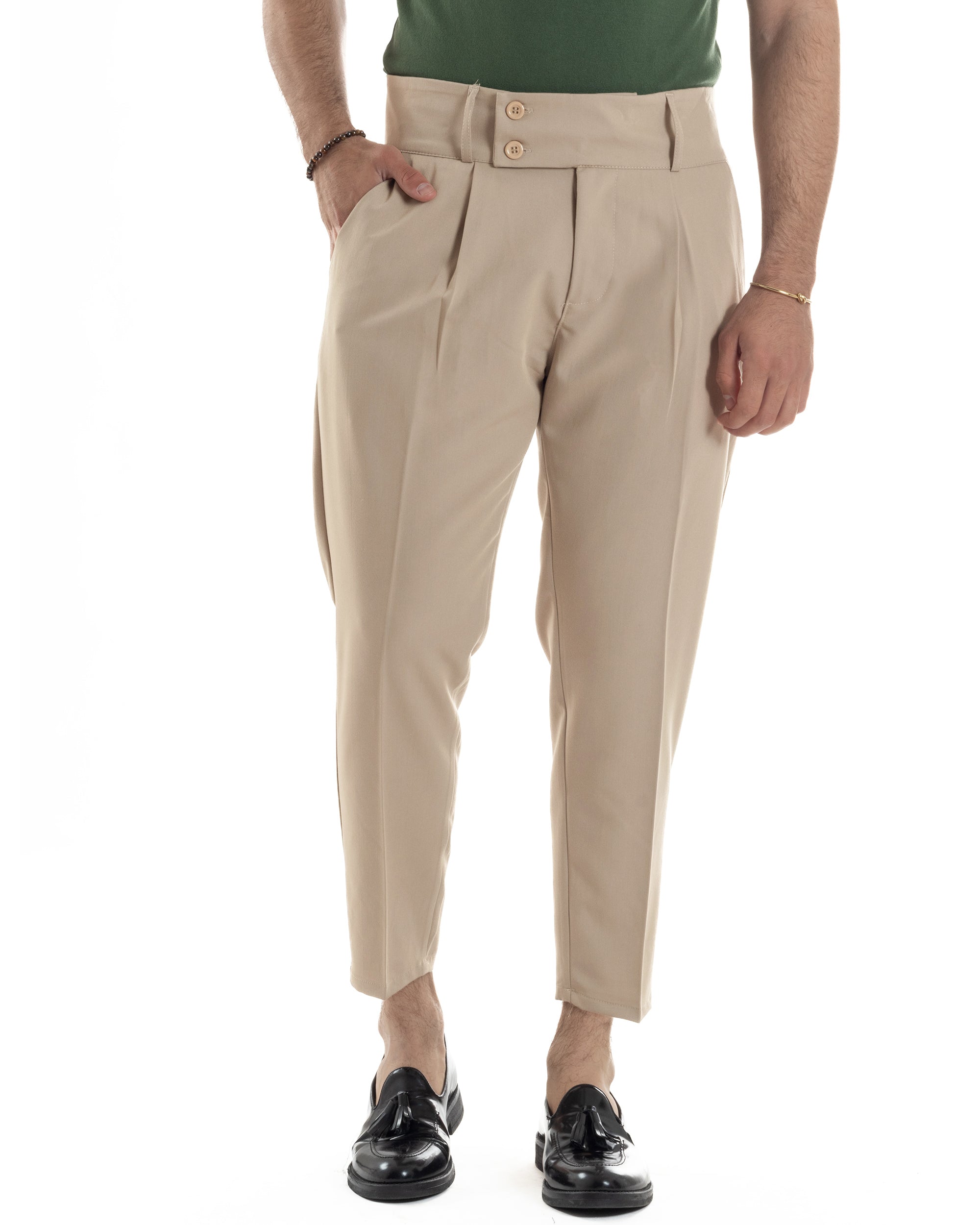 Pantaloni Uomo Vita Alta Con Pinces Classico Bustino Abbottonatura Allungata Casual Viscosa Estivo Beige GIOSAL-P6276A