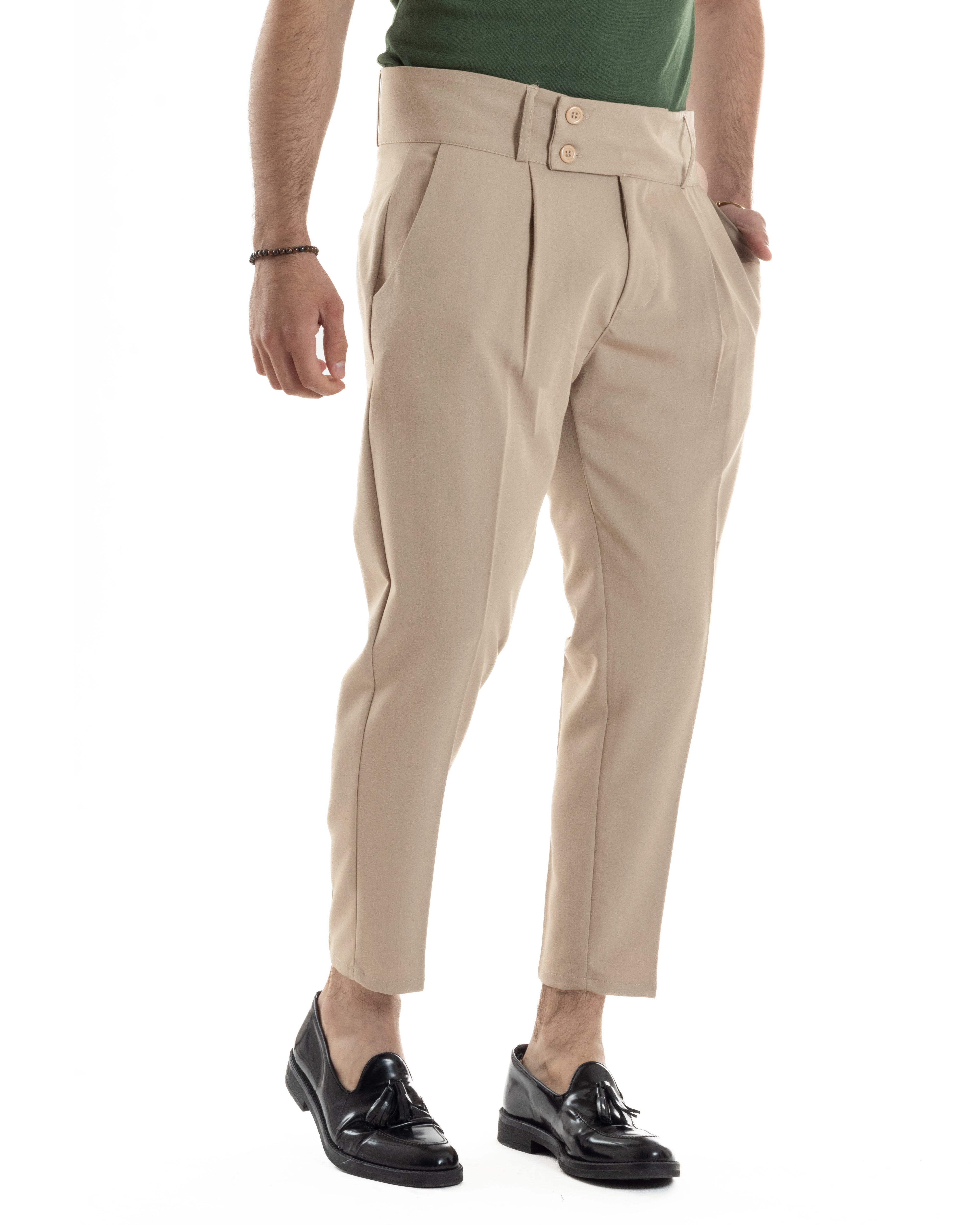 Pantaloni Uomo Vita Alta Con Pinces Classico Bustino Abbottonatura Allungata Casual Viscosa Estivo Beige GIOSAL-P6276A
