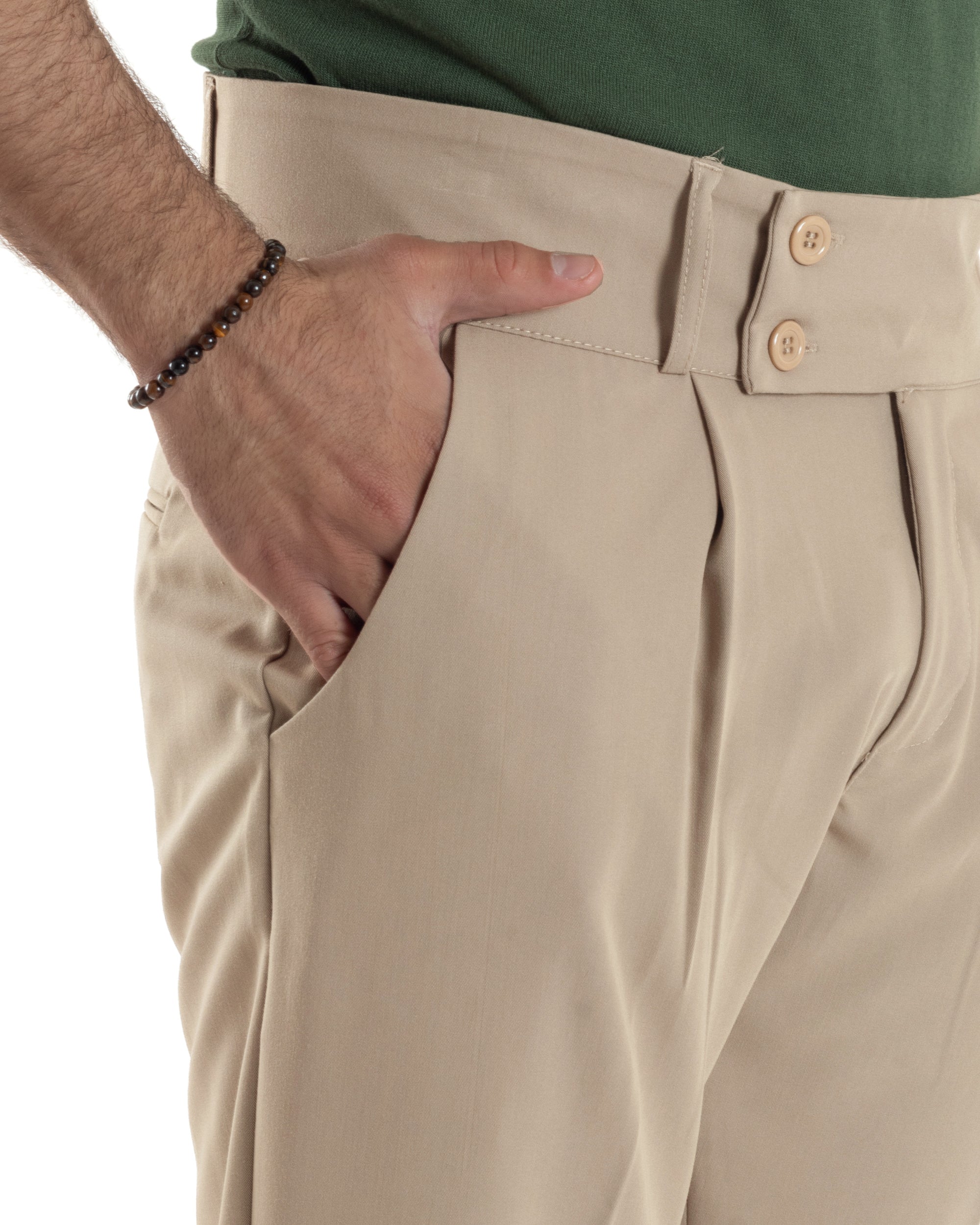 Pantaloni Uomo Vita Alta Con Pinces Classico Bustino Abbottonatura Allungata Casual Viscosa Estivo Beige GIOSAL-P6276A