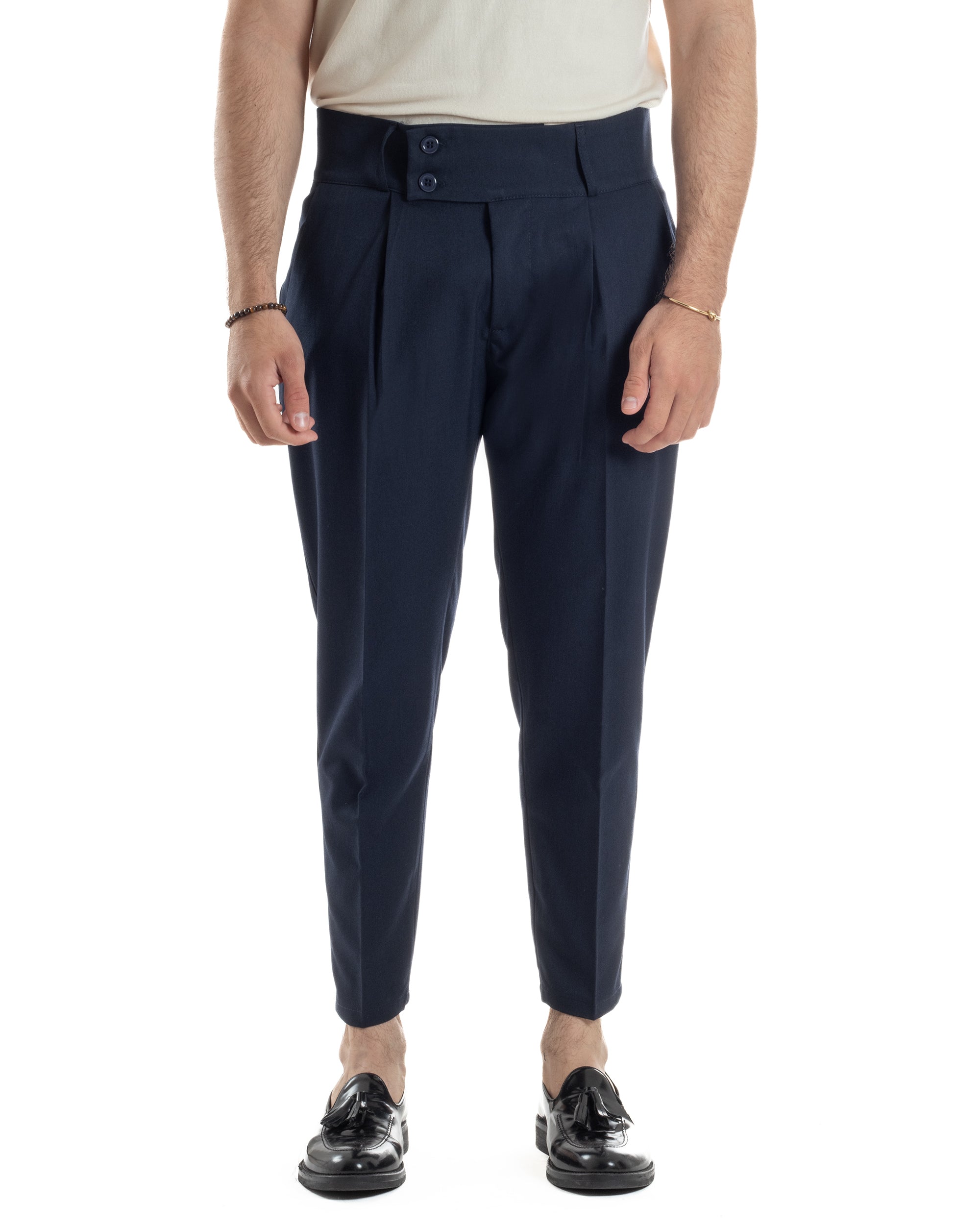 Pantaloni Uomo Vita Alta Con Pinces Classico Bustino Abbottonatura Allungata Casual Viscosa Estivo Blu GIOSAL-P6278A