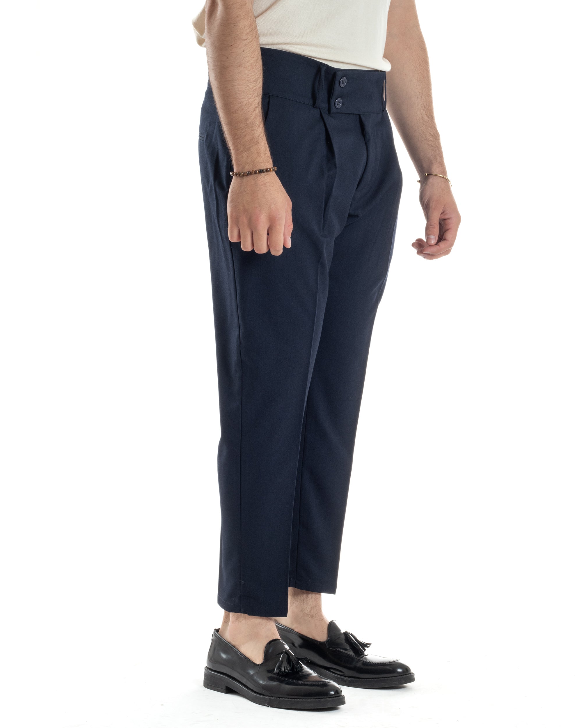 Pantaloni Uomo Vita Alta Con Pinces Classico Bustino Abbottonatura Allungata Casual Viscosa Estivo Blu GIOSAL-P6278A