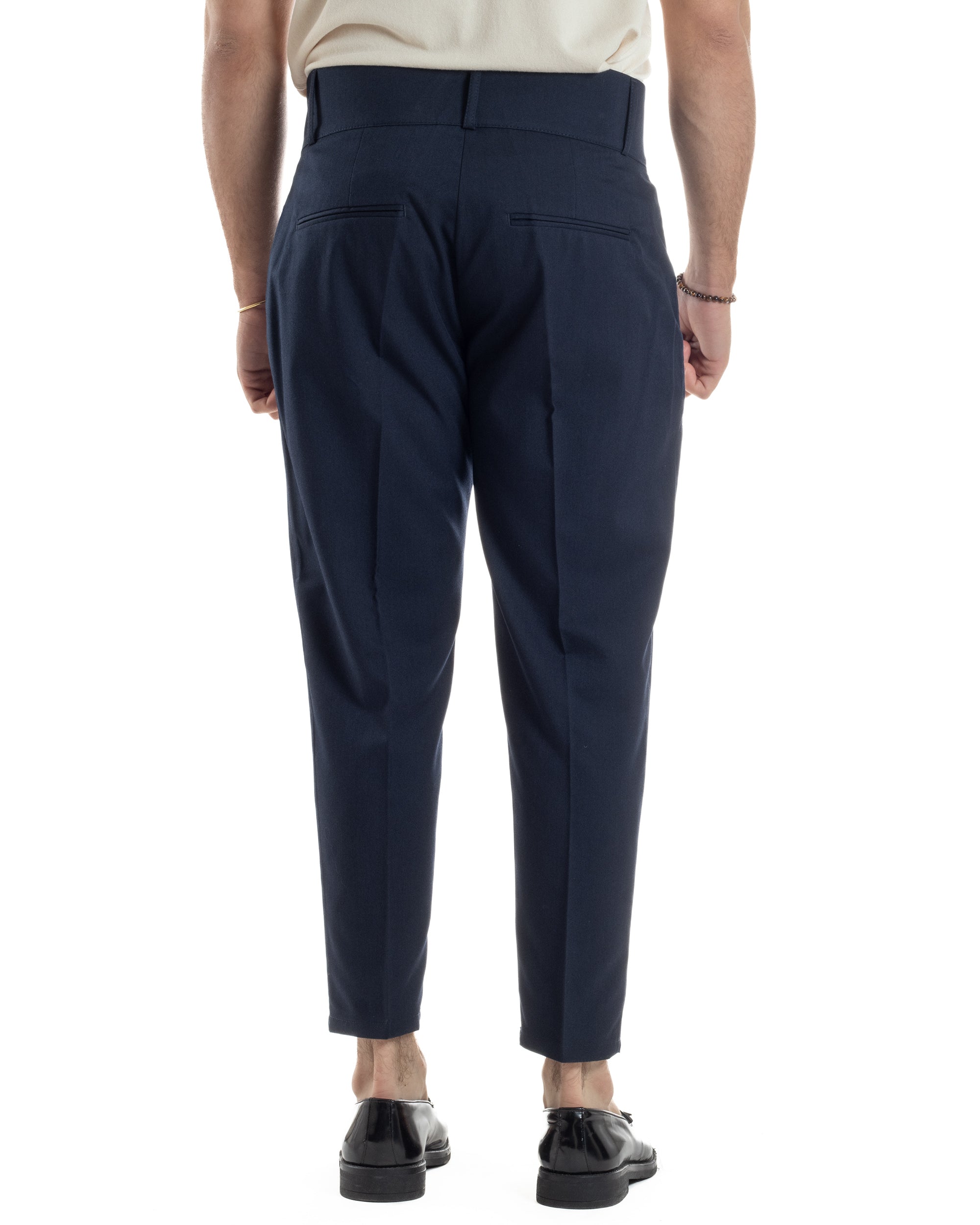 Pantaloni Uomo Vita Alta Con Pinces Classico Bustino Abbottonatura Allungata Casual Viscosa Estivo Blu GIOSAL-P6278A