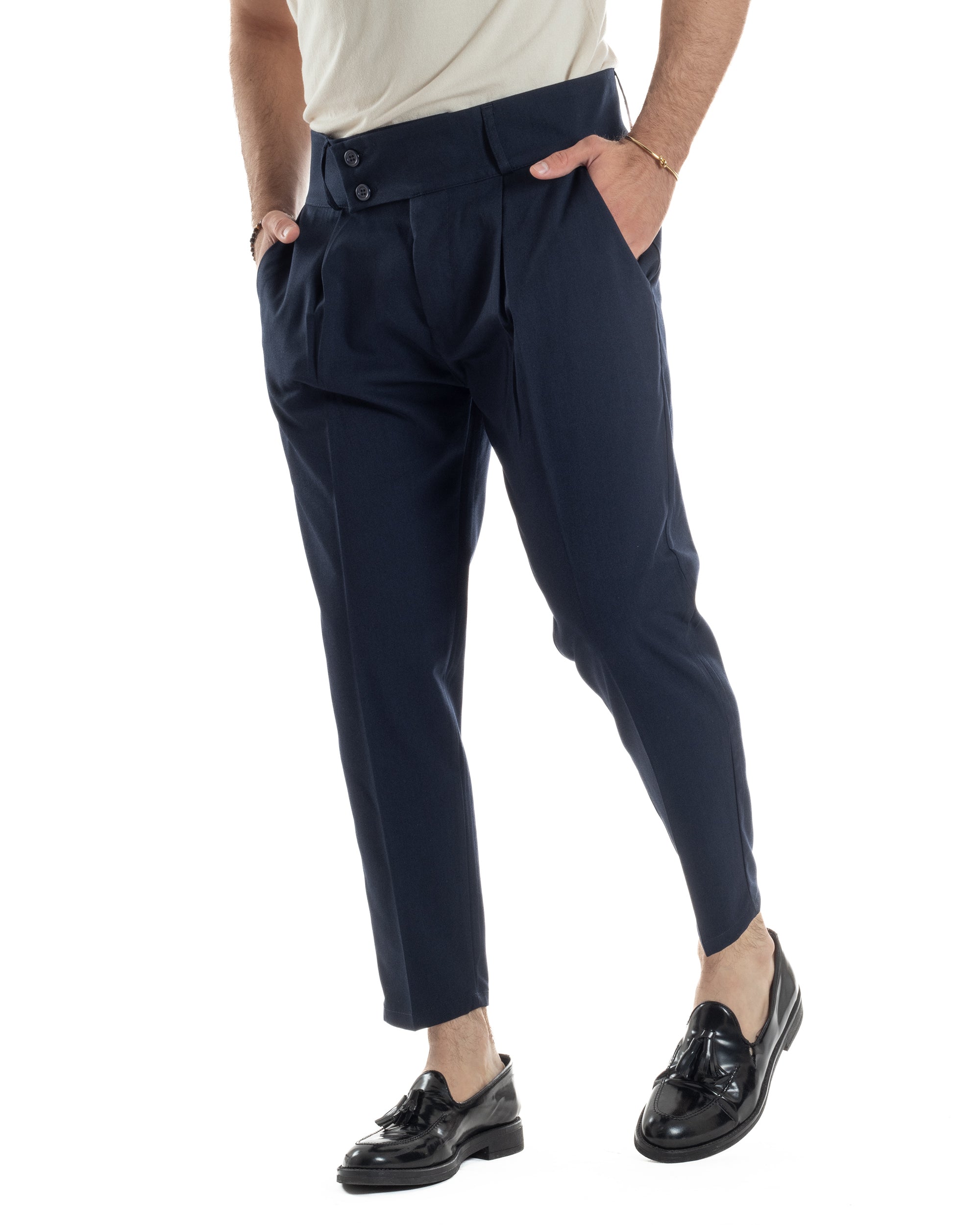 Pantaloni Uomo Vita Alta Con Pinces Classico Bustino Abbottonatura Allungata Casual Viscosa Estivo Blu GIOSAL-P6278A