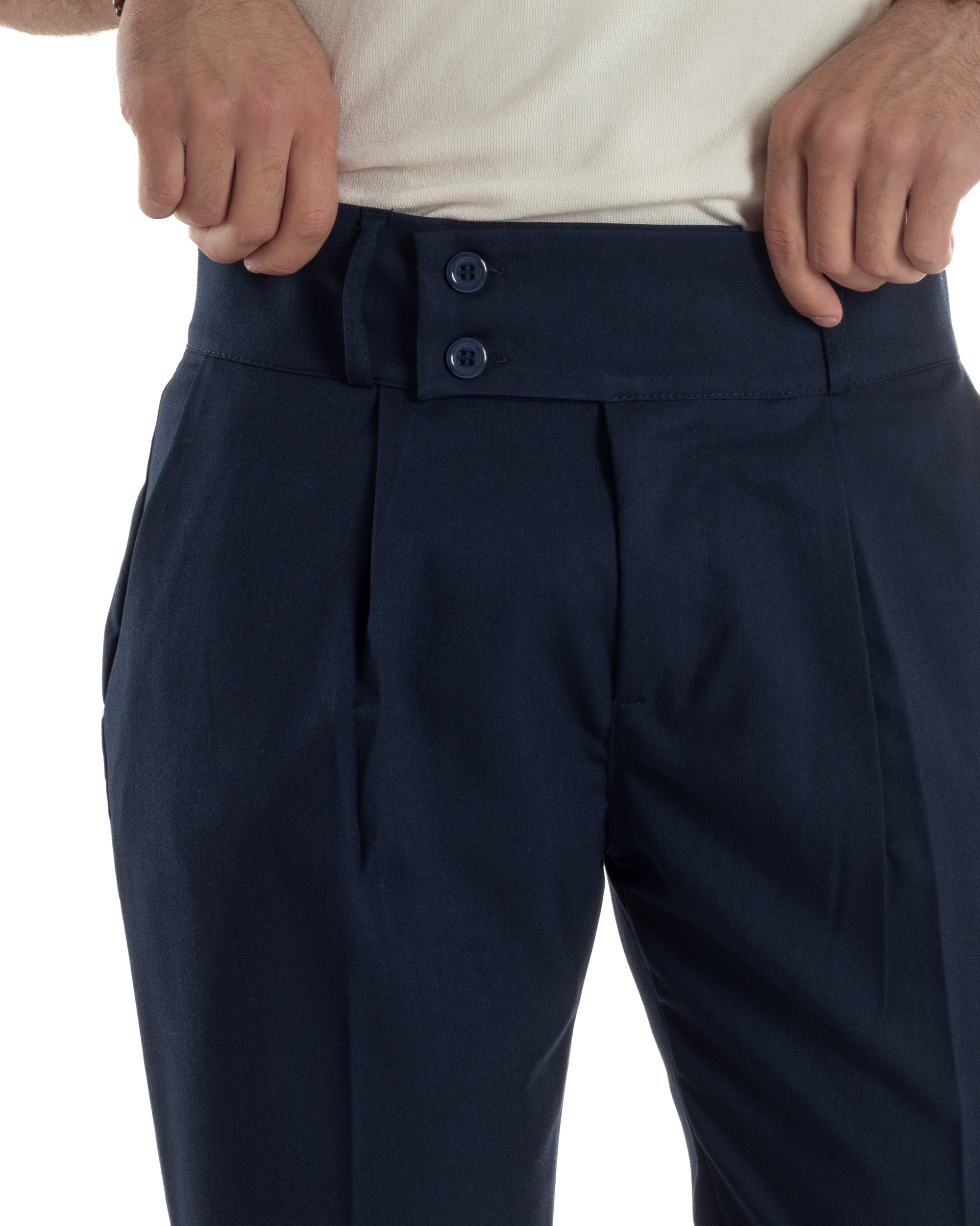 Pantaloni Uomo Vita Alta Con Pinces Classico Bustino Abbottonatura Allungata Casual Viscosa Estivo Blu GIOSAL-P6278A