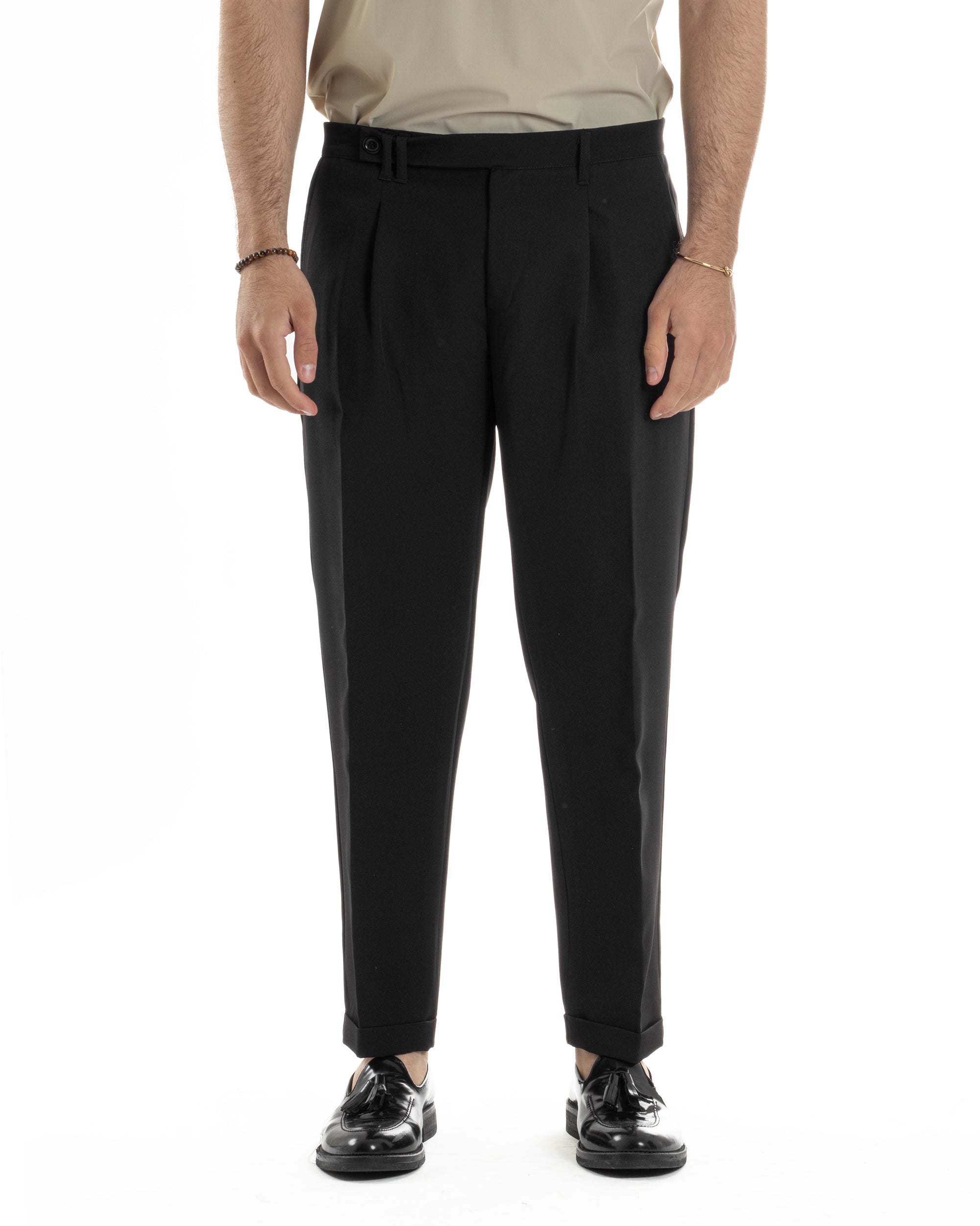 Pantaloni Uomo Classico Con Pinces Sartoriale Elegante Casual Abbottonatura Allungata Viscosa Estivo Nero GIOSAL-P6279A