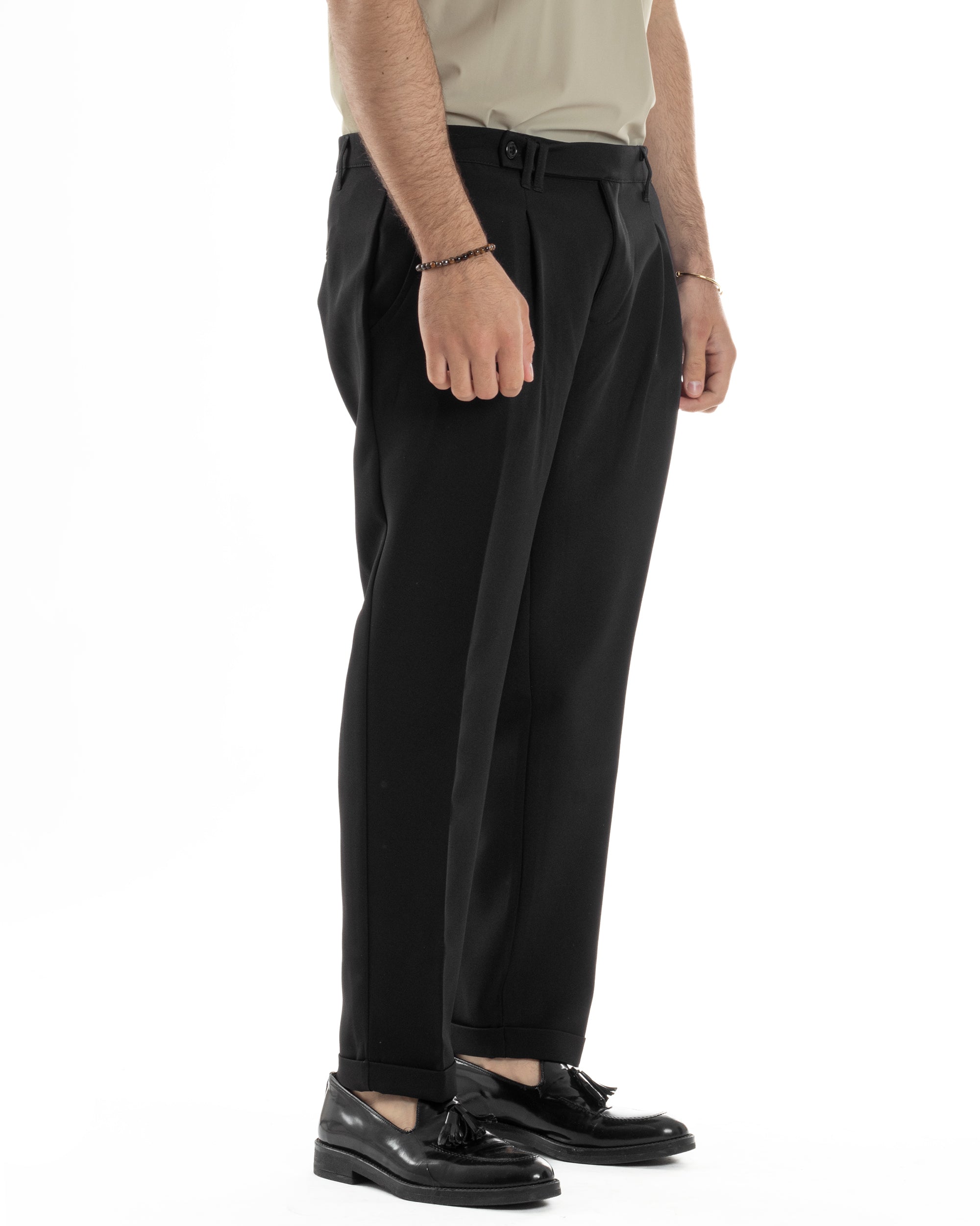 Pantaloni Uomo Classico Con Pinces Sartoriale Elegante Casual Abbottonatura Allungata Viscosa Estivo Nero GIOSAL-P6279A