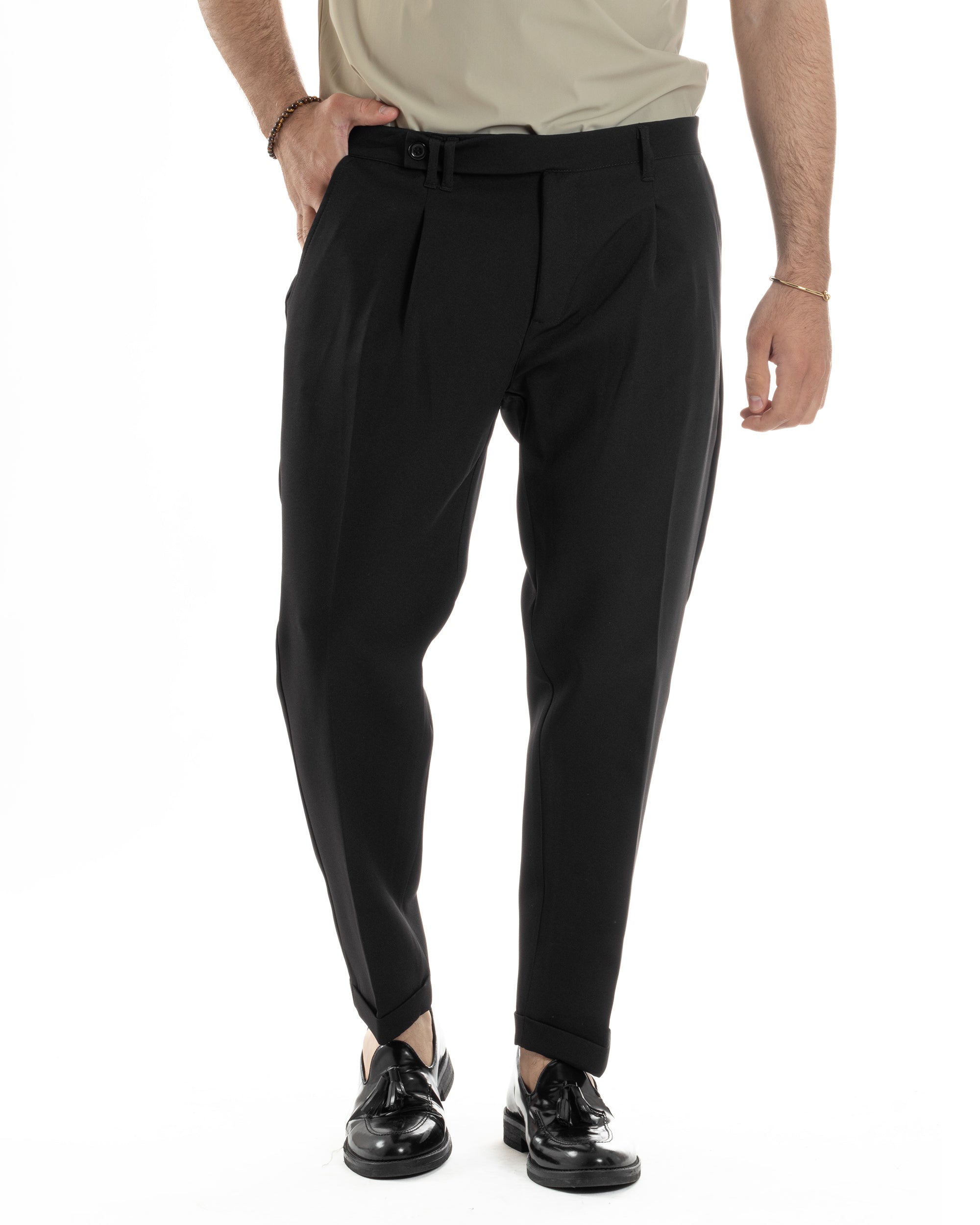 Pantaloni Uomo Classico Con Pinces Sartoriale Elegante Casual Abbottonatura Allungata Viscosa Estivo Nero GIOSAL-P6279A