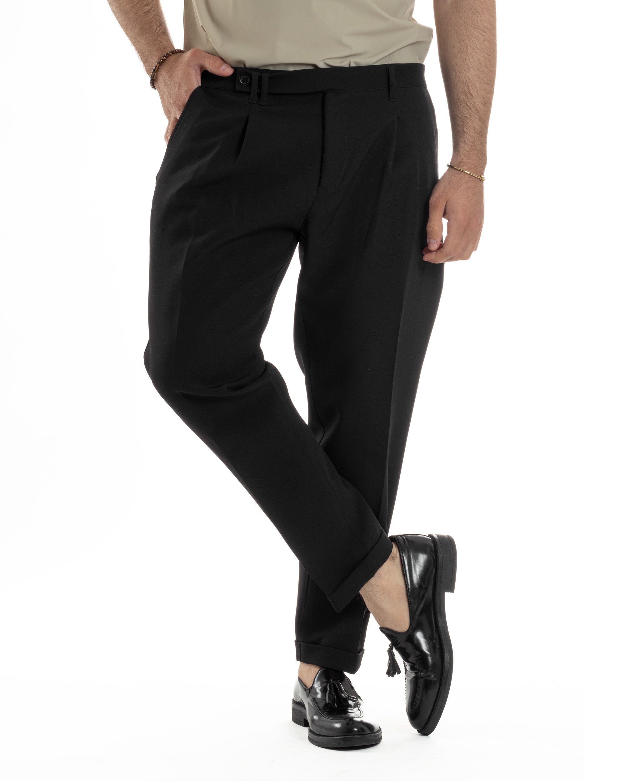 Pantaloni Uomo Classico Con Pinces Sartoriale Elegante Casual Abbottonatura Allungata Viscosa Estivo Nero GIOSAL-P6279A