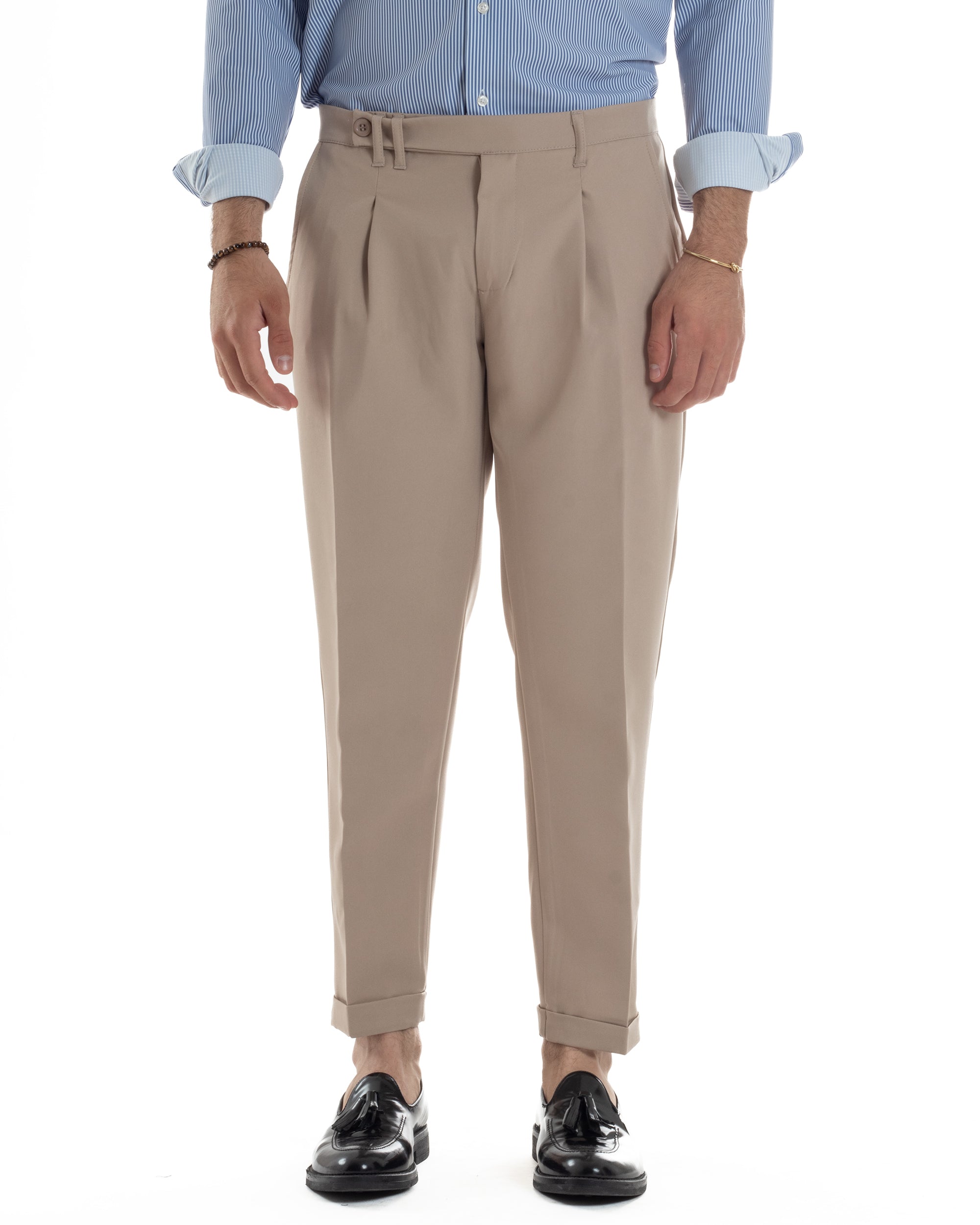 Pantaloni Uomo Classico Con Pinces Sartoriale Elegante Casual Abbottonatura Allungata Viscosa Estivo Beige GIOSAL-P6282A