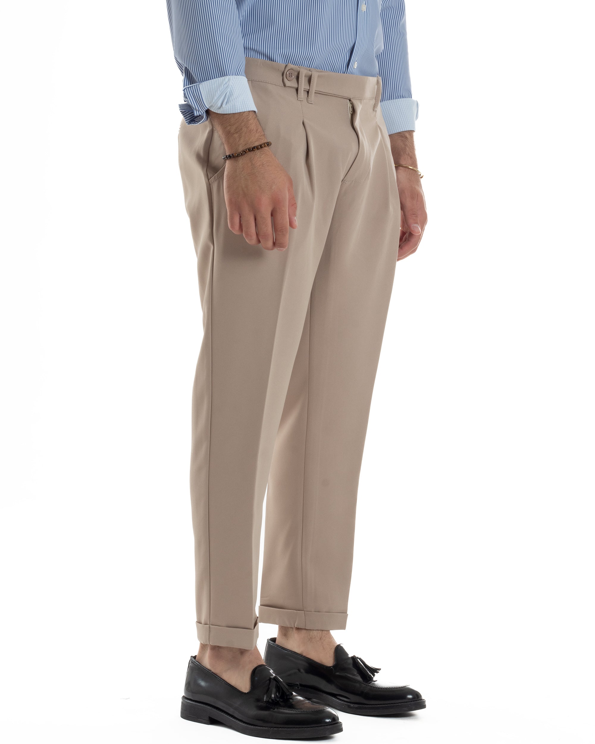 Pantaloni Uomo Classico Con Pinces Sartoriale Elegante Casual Abbottonatura Allungata Viscosa Estivo Beige GIOSAL-P6282A