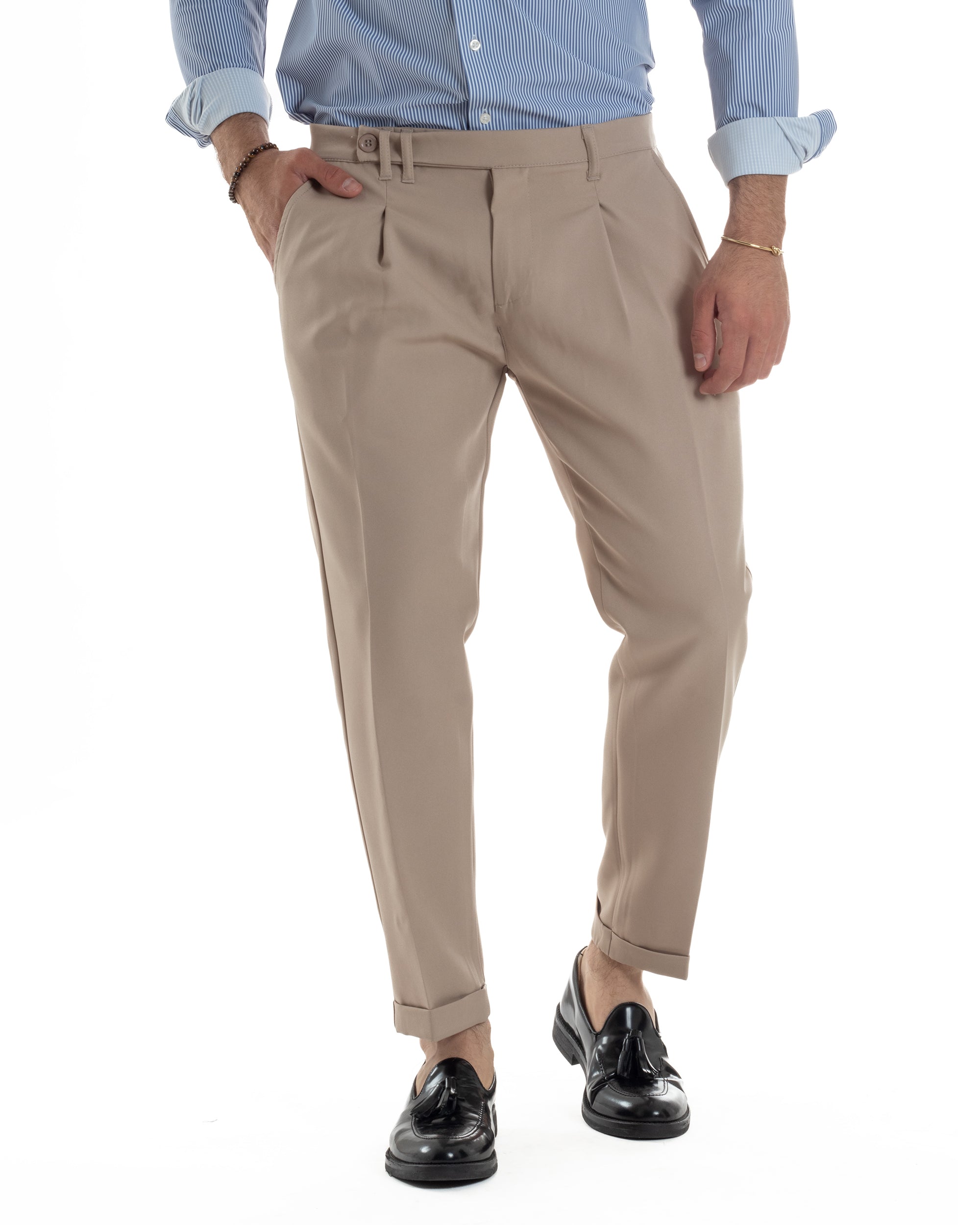 Pantaloni Uomo Classico Con Pinces Sartoriale Elegante Casual Abbottonatura Allungata Viscosa Estivo Beige GIOSAL-P6282A