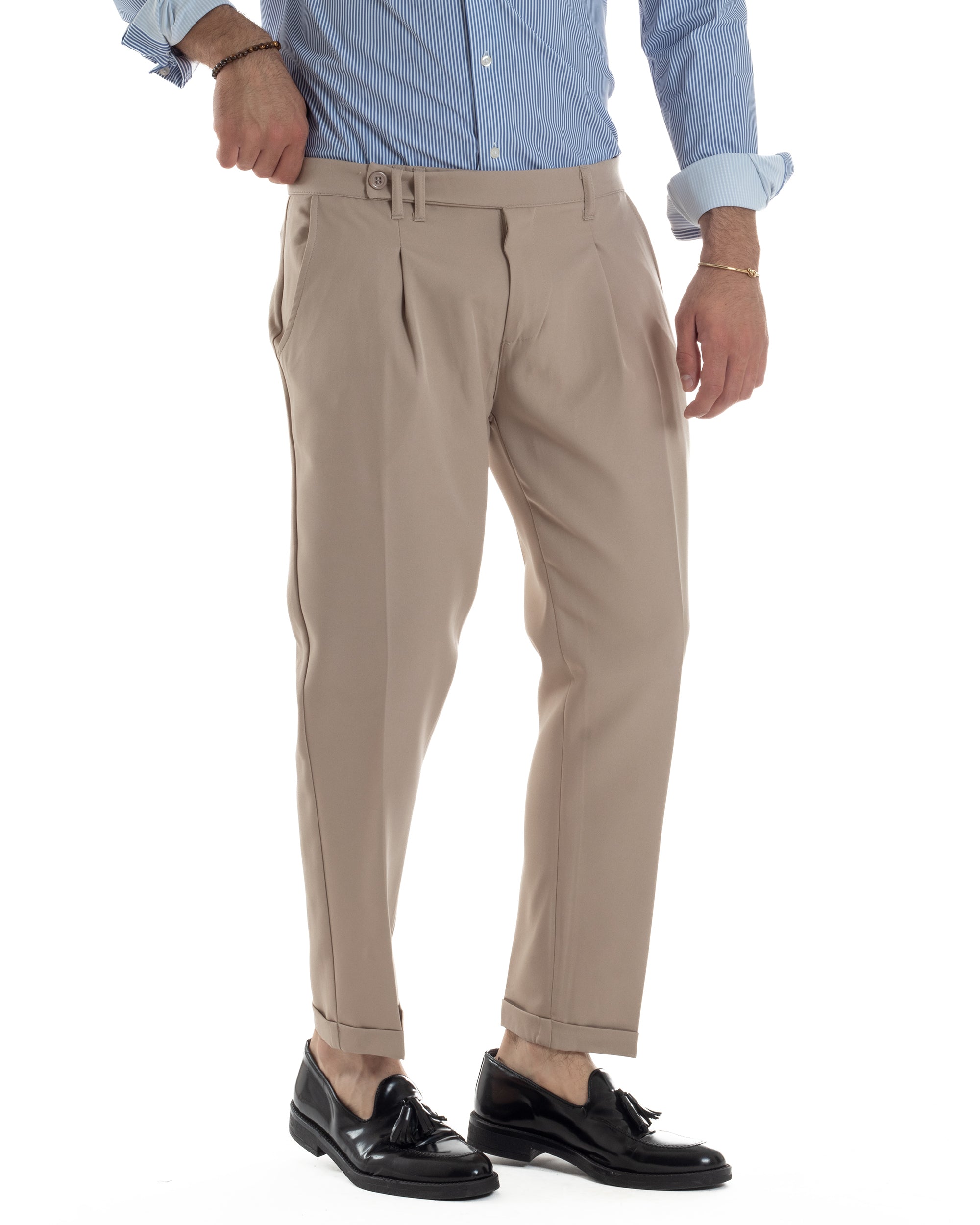 Pantaloni Uomo Classico Con Pinces Sartoriale Elegante Casual Abbottonatura Allungata Viscosa Estivo Beige GIOSAL-P6282A