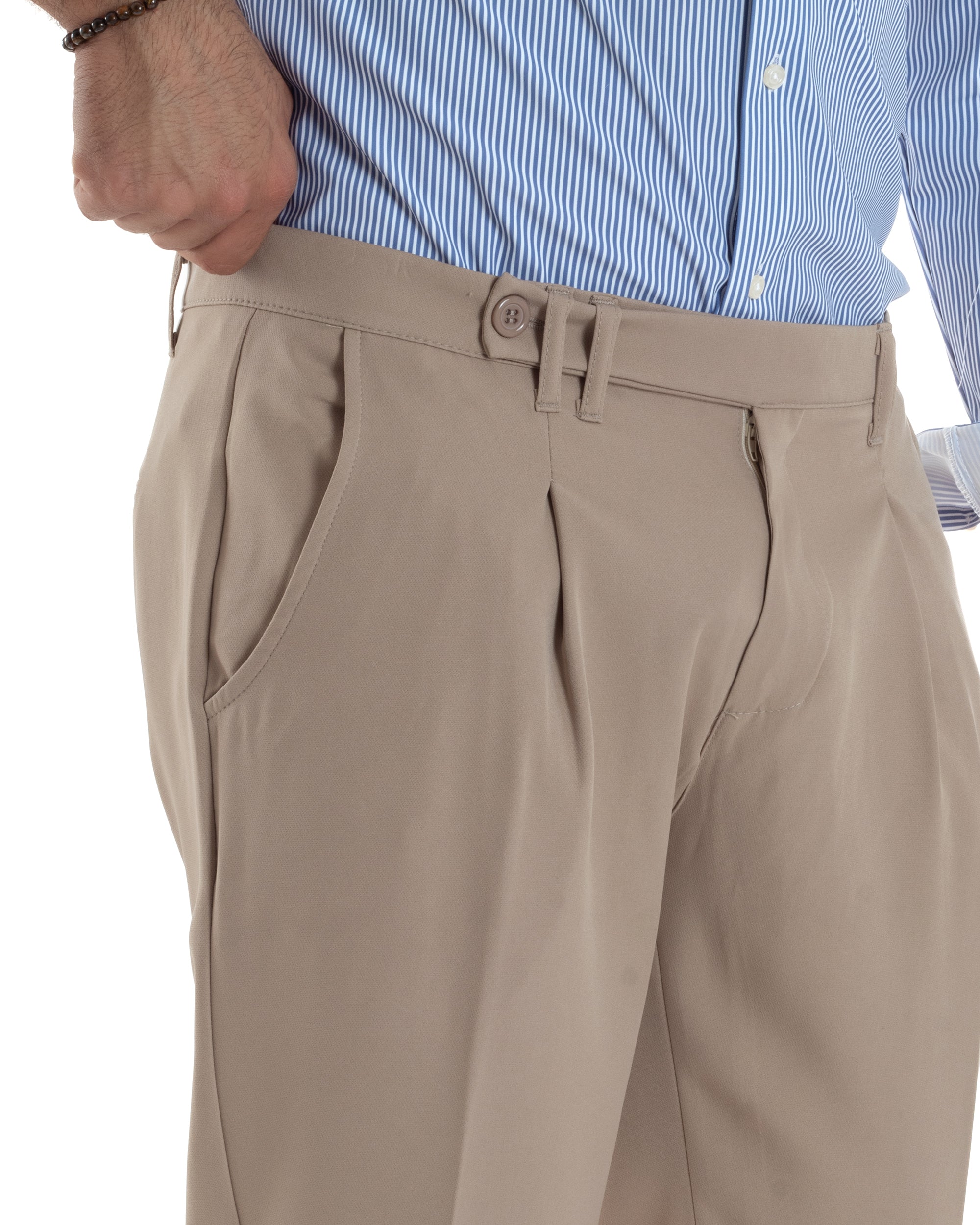 Pantaloni Uomo Classico Con Pinces Sartoriale Elegante Casual Abbottonatura Allungata Viscosa Estivo Beige GIOSAL-P6282A
