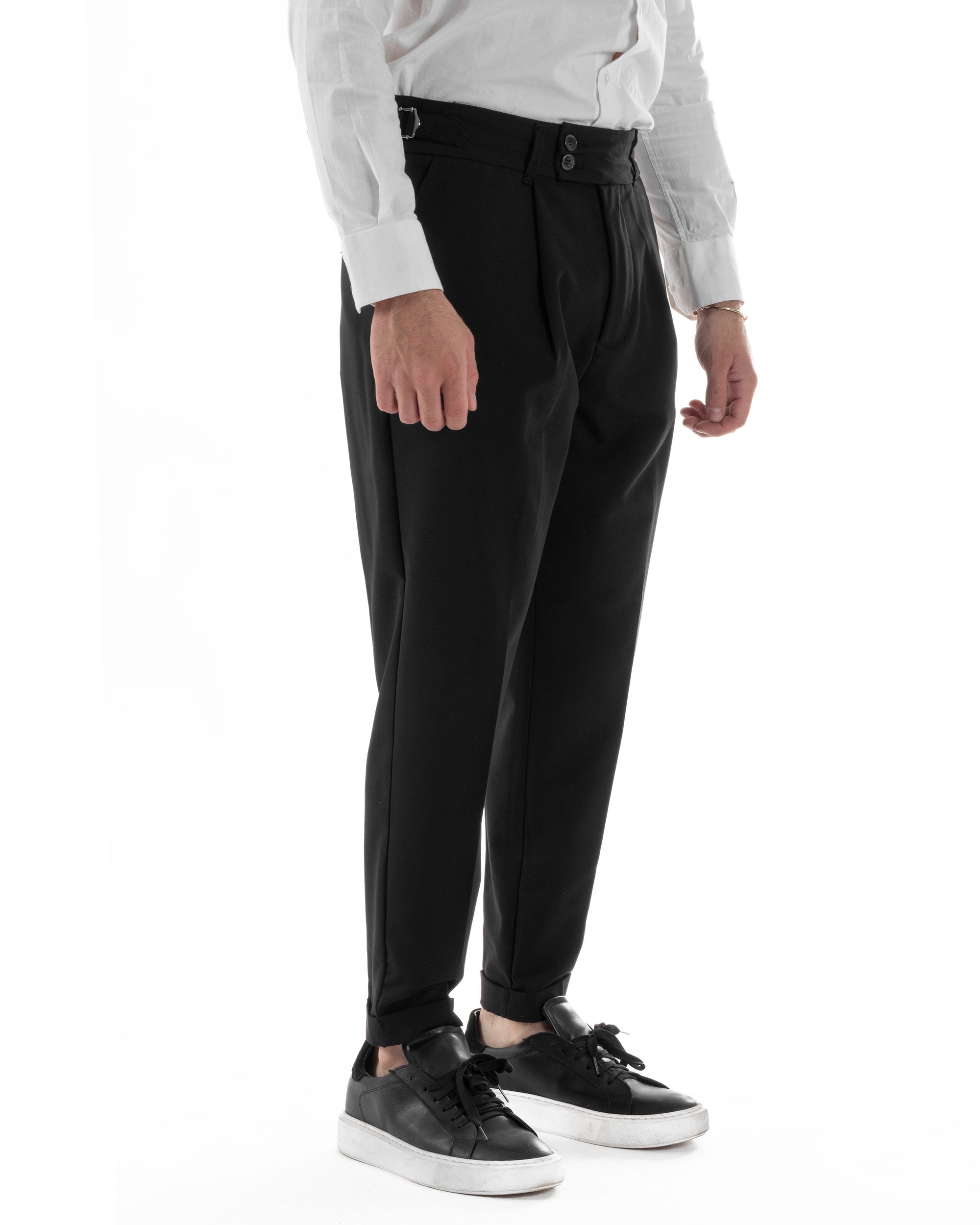 Pantaloni Uomo Classico Con Pinces Pants Abbottonatura Allungata Vita Alta Gurkha Fibbie Viscosa Casual Nero GIOSAL-P6285A