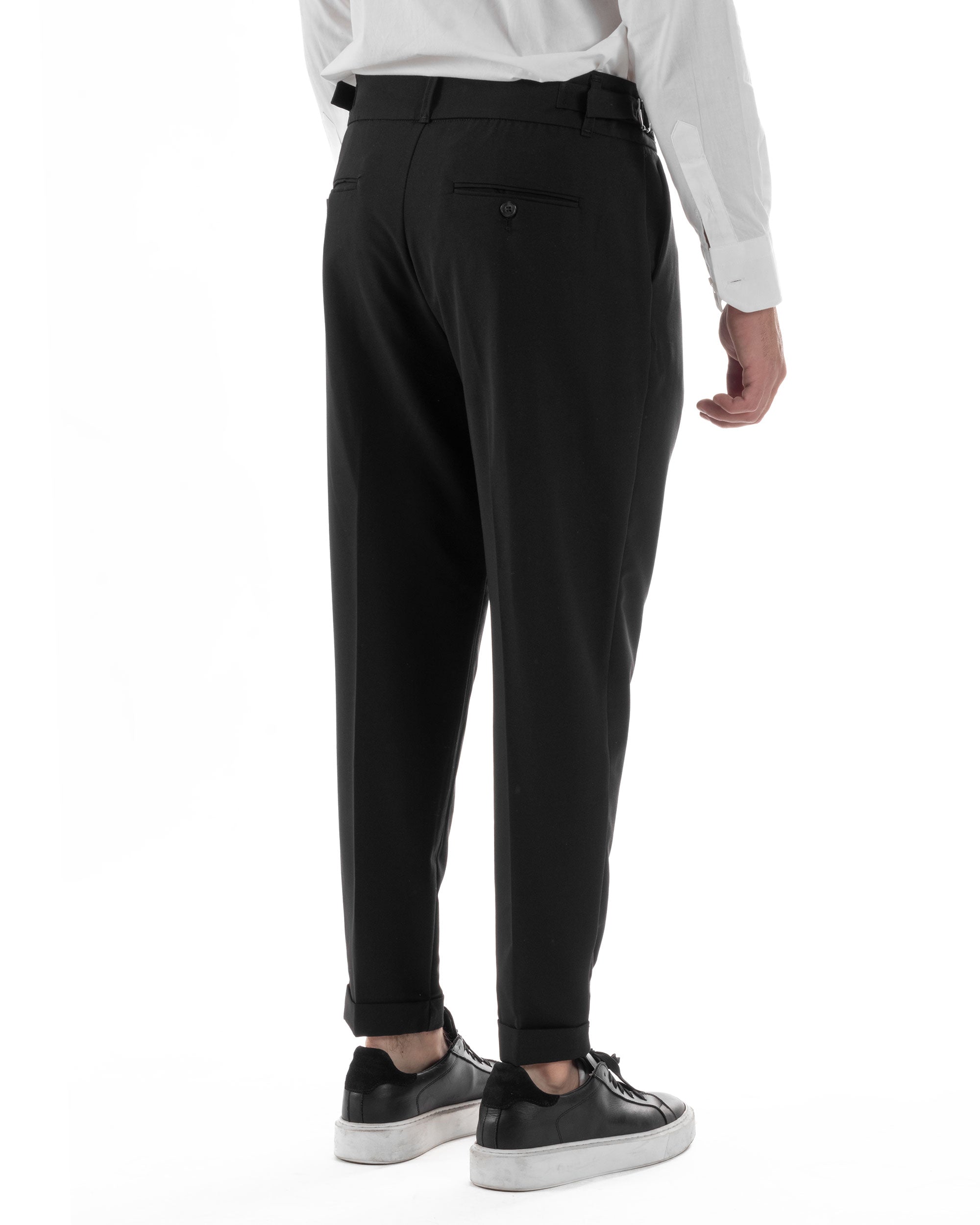 Pantaloni Uomo Classico Con Pinces Pants Abbottonatura Allungata Vita Alta Gurkha Fibbie Viscosa Casual Nero GIOSAL-P6285A