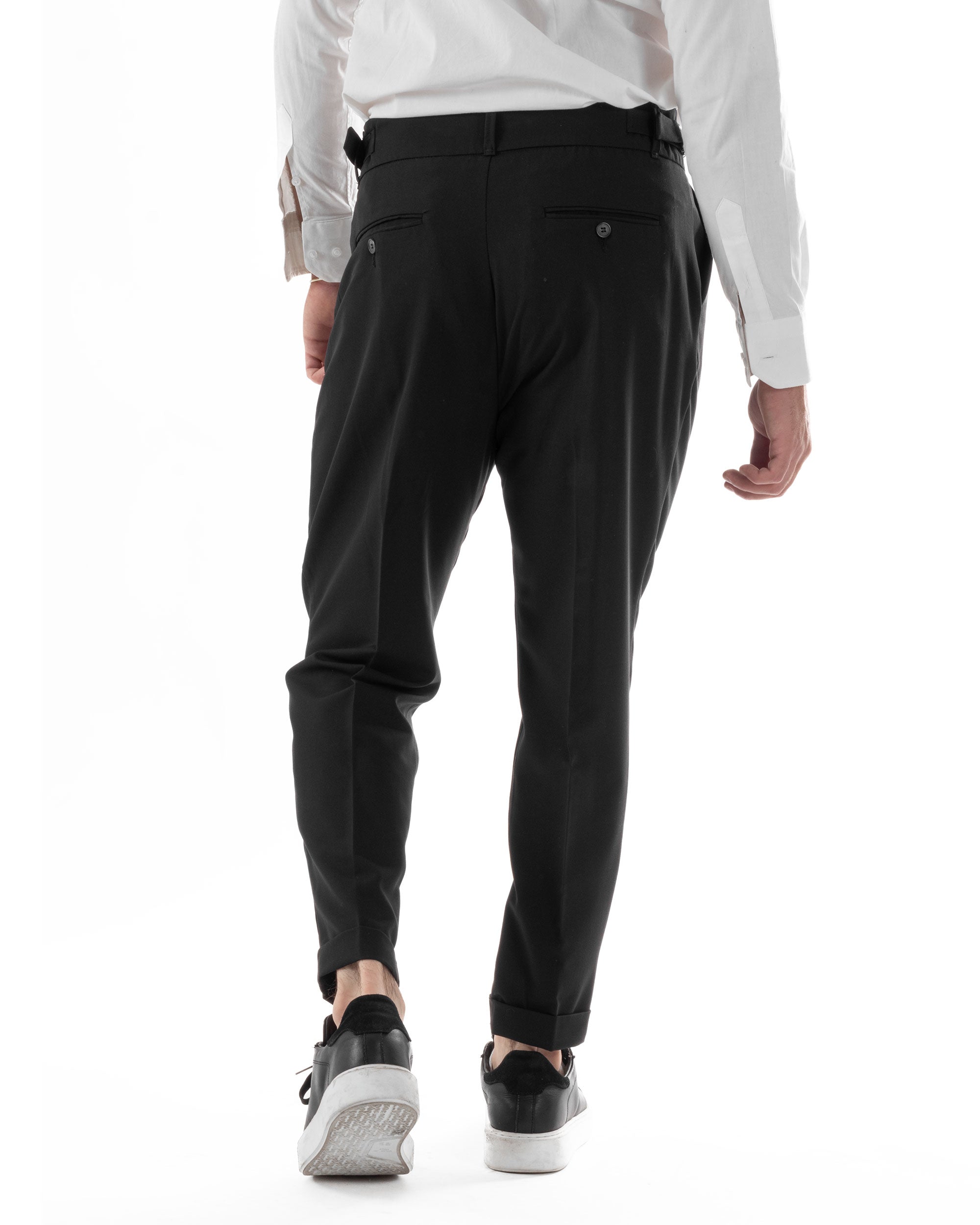 Pantaloni Uomo Classico Con Pinces Pants Abbottonatura Allungata Vita Alta Gurkha Fibbie Viscosa Casual Nero GIOSAL-P6285A