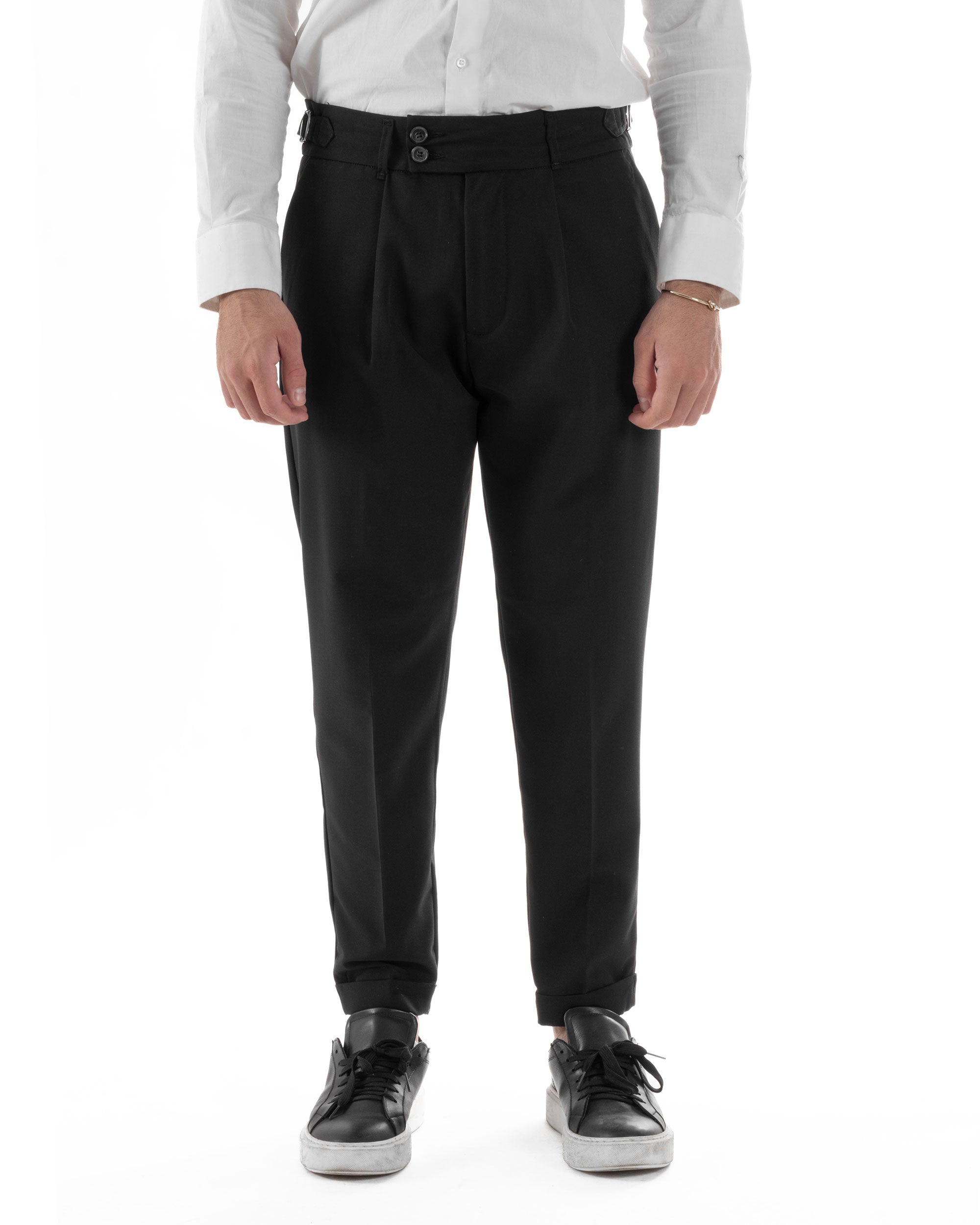 Pantaloni Uomo Classico Con Pinces Pants Abbottonatura Allungata Vita Alta Gurkha Fibbie Viscosa Casual Nero GIOSAL-P6285A