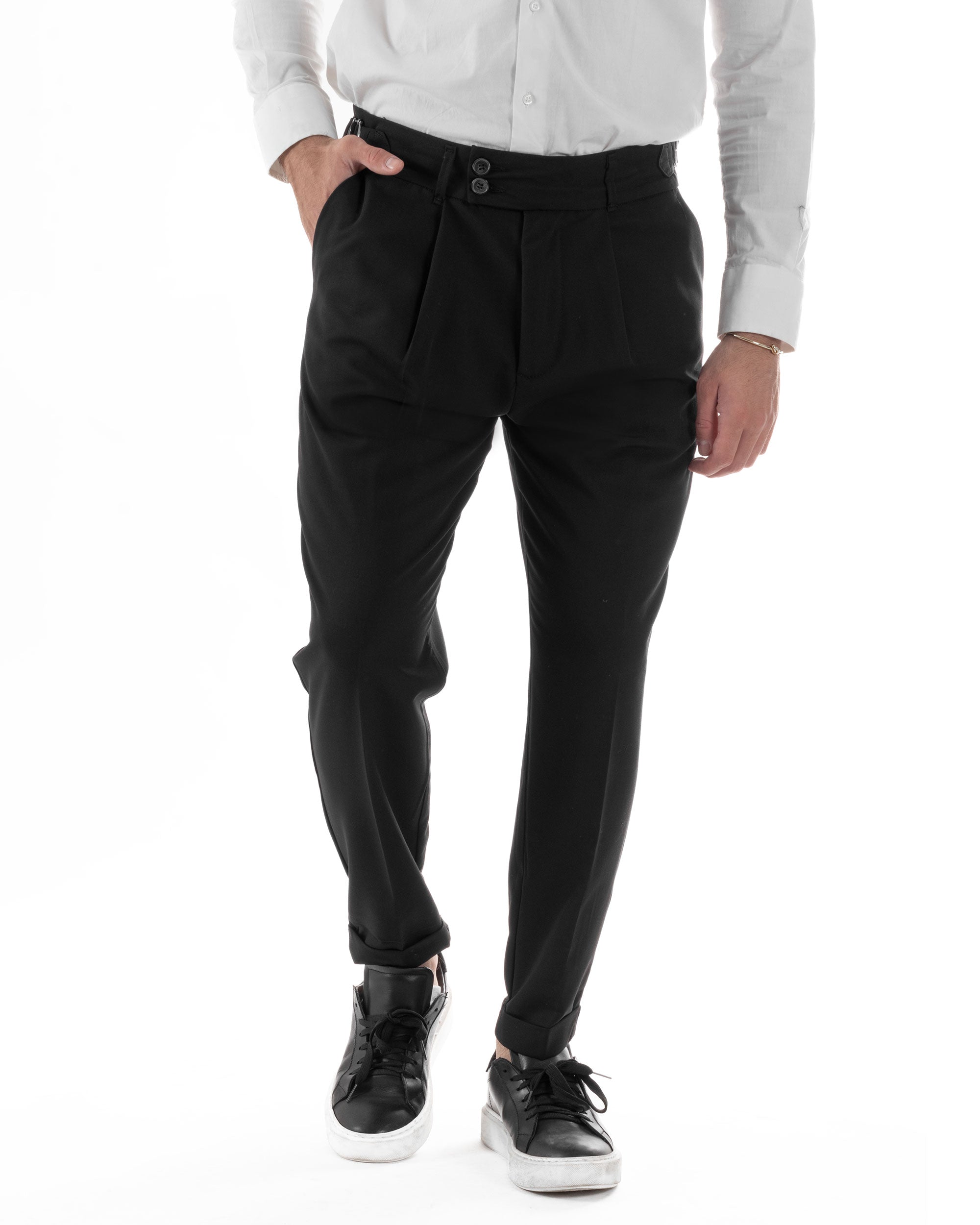 Pantaloni Uomo Classico Con Pinces Pants Abbottonatura Allungata Vita Alta Gurkha Fibbie Viscosa Casual Nero GIOSAL-P6285A