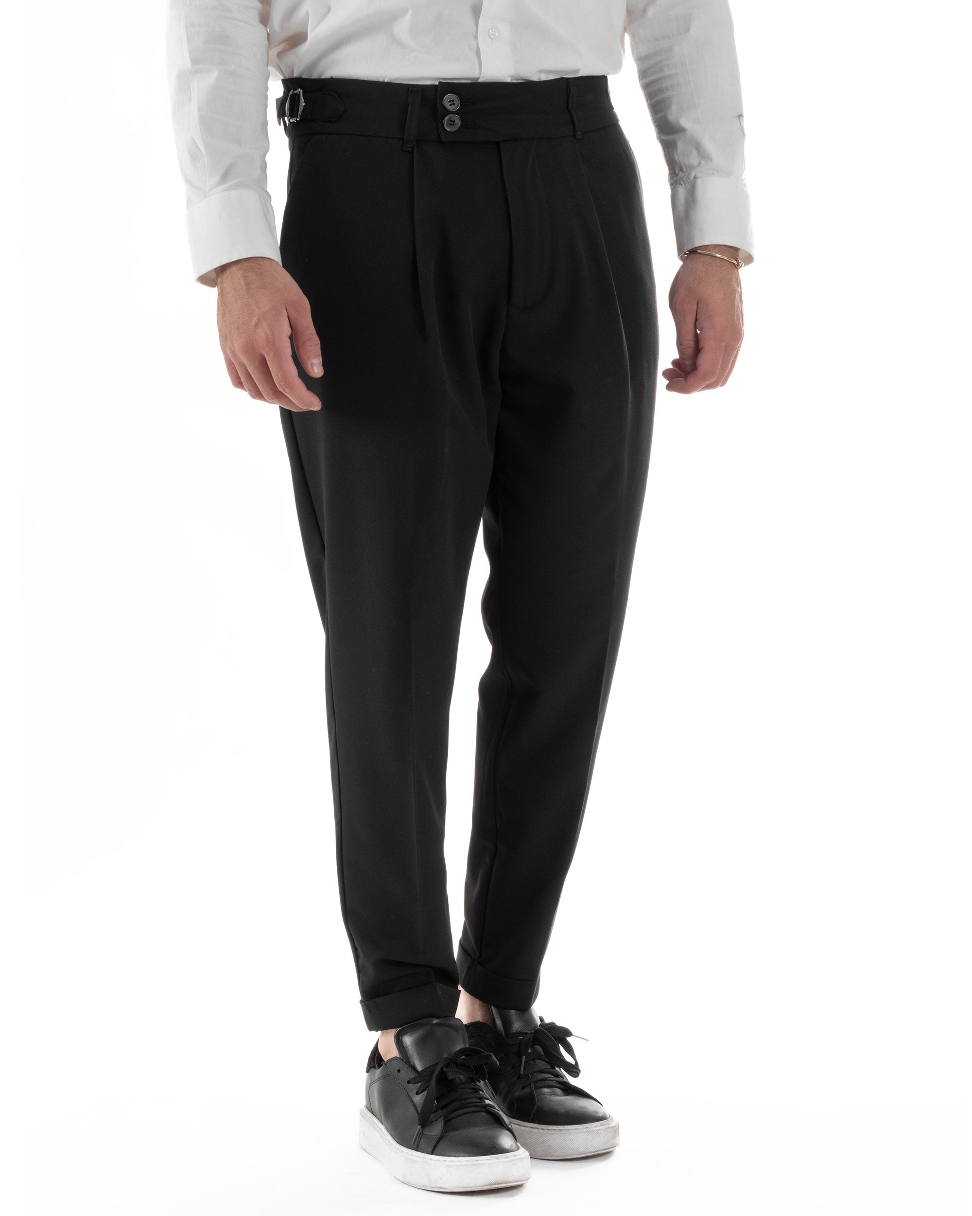 Pantaloni Uomo Classico Con Pinces Pants Abbottonatura Allungata Vita Alta Gurkha Fibbie Viscosa Casual Nero GIOSAL-P6285A