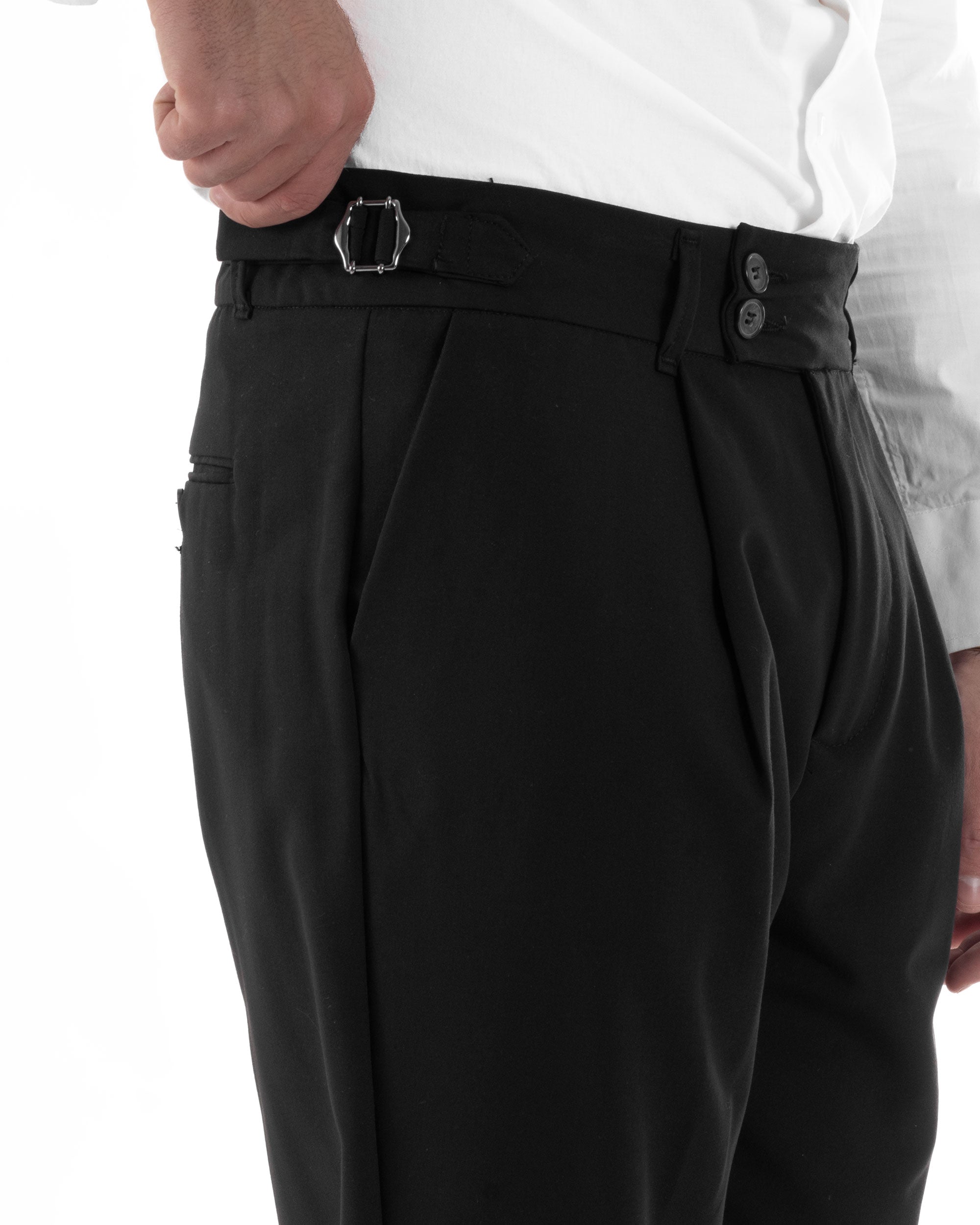 Pantaloni Uomo Classico Con Pinces Pants Abbottonatura Allungata Vita Alta Gurkha Fibbie Viscosa Casual Nero GIOSAL-P6285A