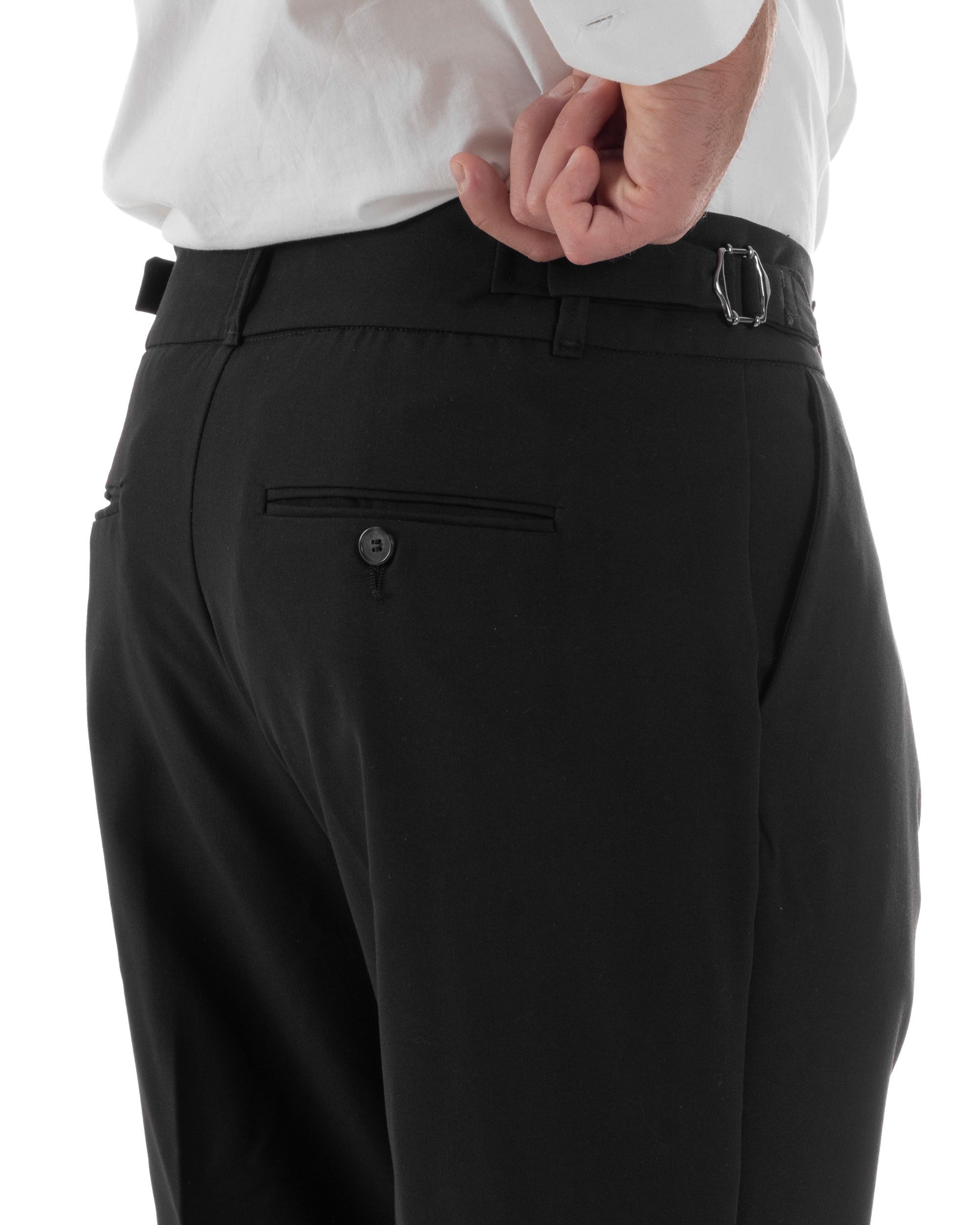 Pantaloni Uomo Classico Con Pinces Pants Abbottonatura Allungata Vita Alta Gurkha Fibbie Viscosa Casual Nero GIOSAL-P6285A