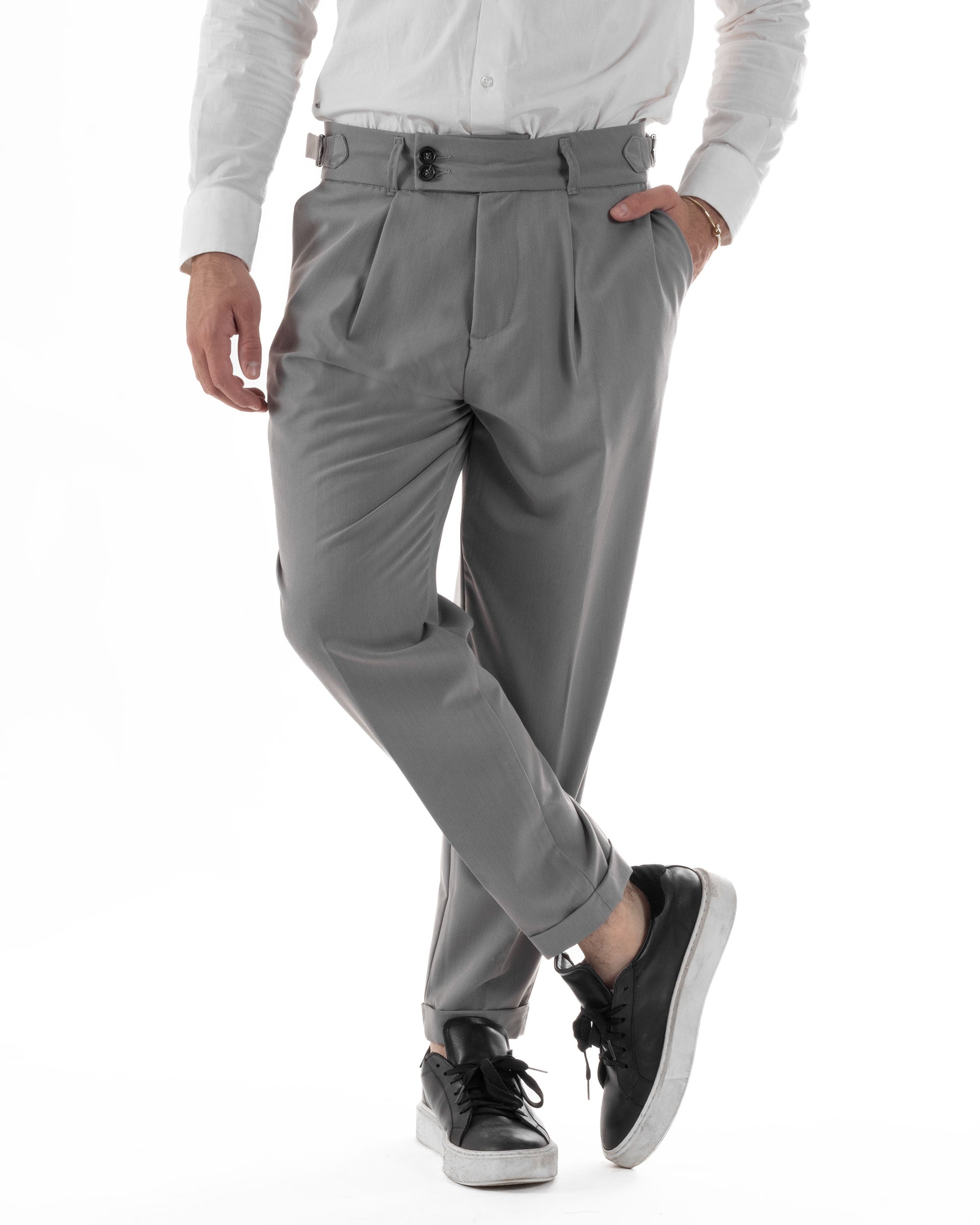 Pantaloni Uomo Classico Con Pinces Pants Abbottonatura Allungata Vita Alta Gurkha Fibbie Viscosa Casual Grigio GIOSAL-P6286A