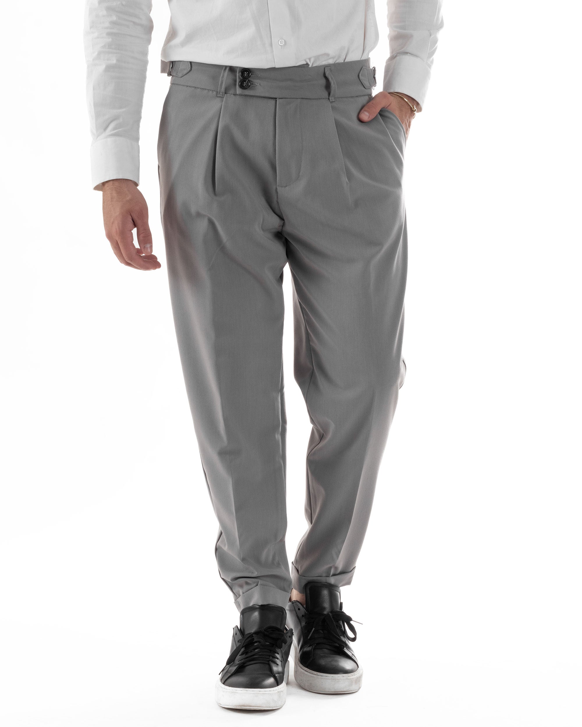 Pantaloni Uomo Classico Con Pinces Pants Abbottonatura Allungata Vita Alta Gurkha Fibbie Viscosa Casual Grigio GIOSAL-P6286A