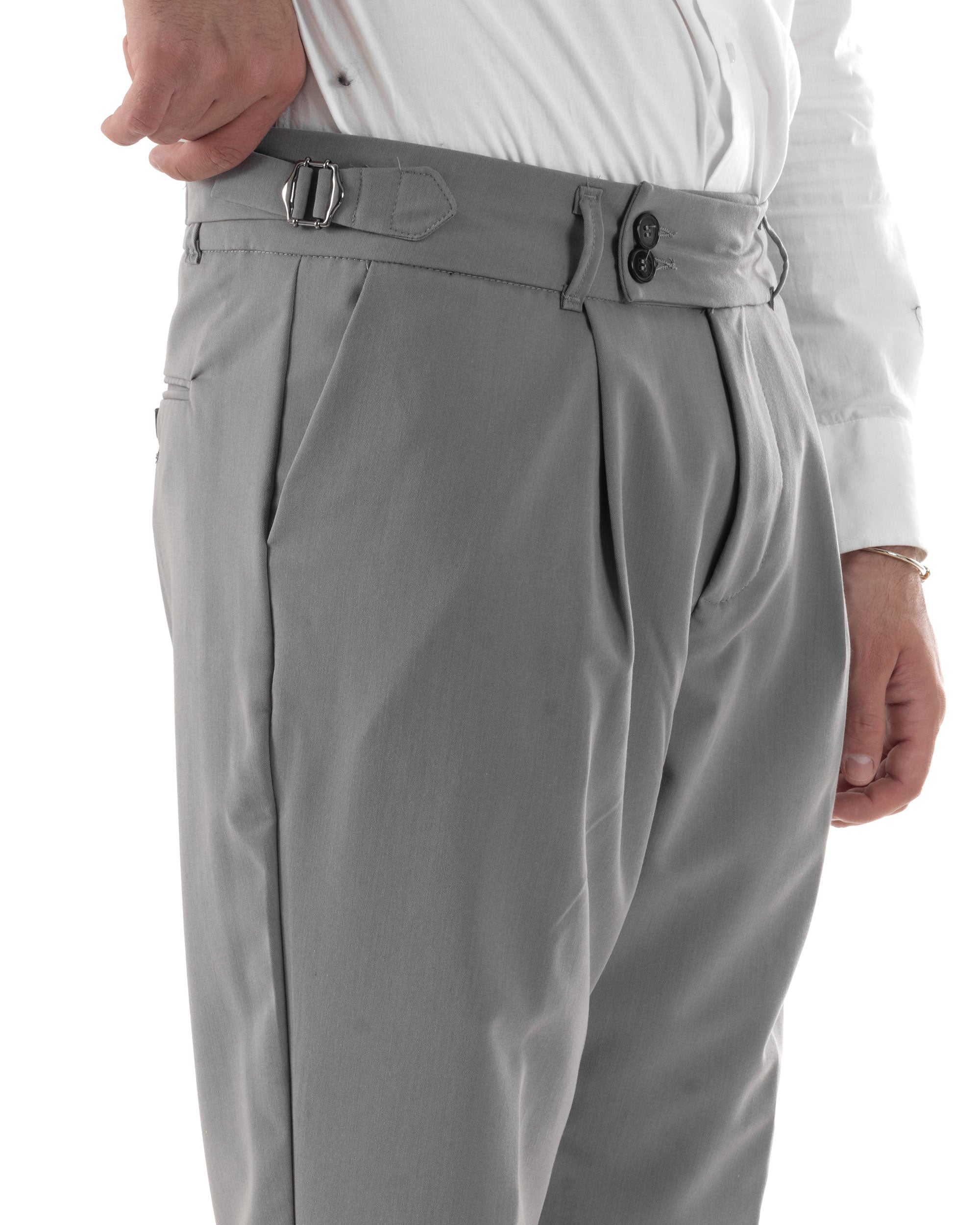 Pantaloni Uomo Classico Con Pinces Pants Abbottonatura Allungata Vita Alta Gurkha Fibbie Viscosa Casual Grigio GIOSAL-P6286A