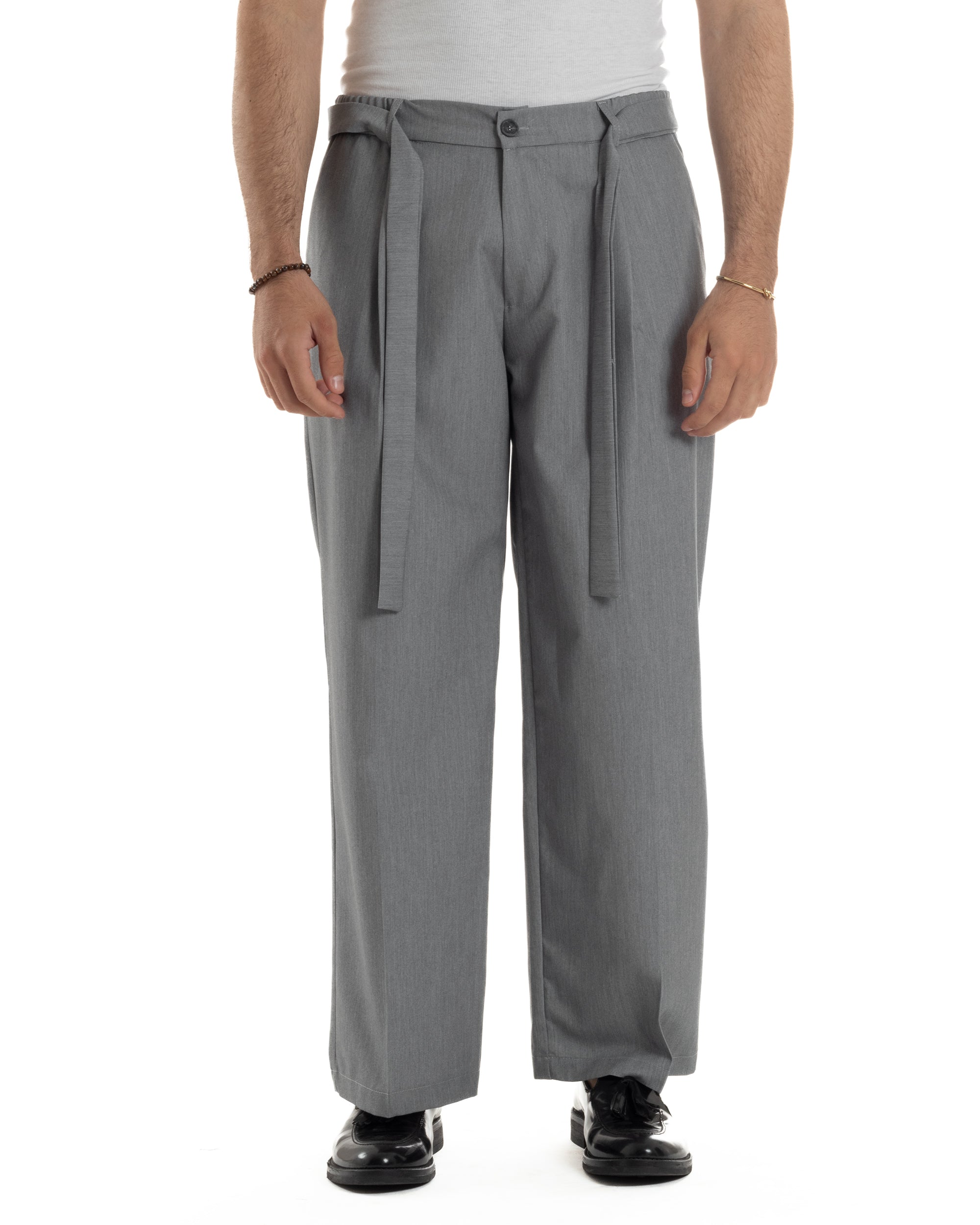 Pantaloni Uomo Viscosa Palazzo Fondo Ampio Jogger Con Pinces E Fusciacca Comodo Casual Tinta Unita Grigio GIOSAL-P6289A