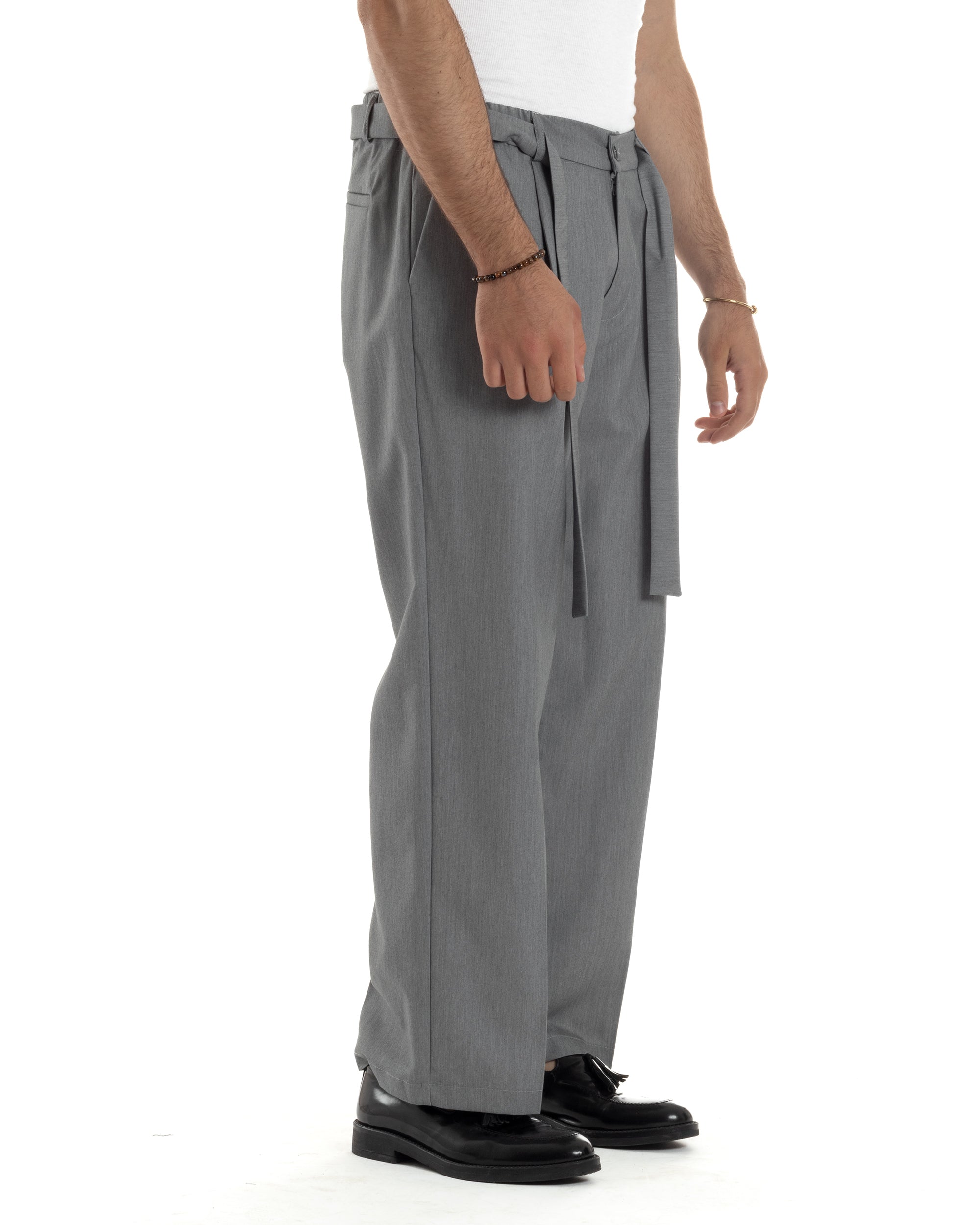 Pantaloni Uomo Viscosa Palazzo Fondo Ampio Jogger Con Pinces E Fusciacca Comodo Casual Tinta Unita Grigio GIOSAL-P6289A