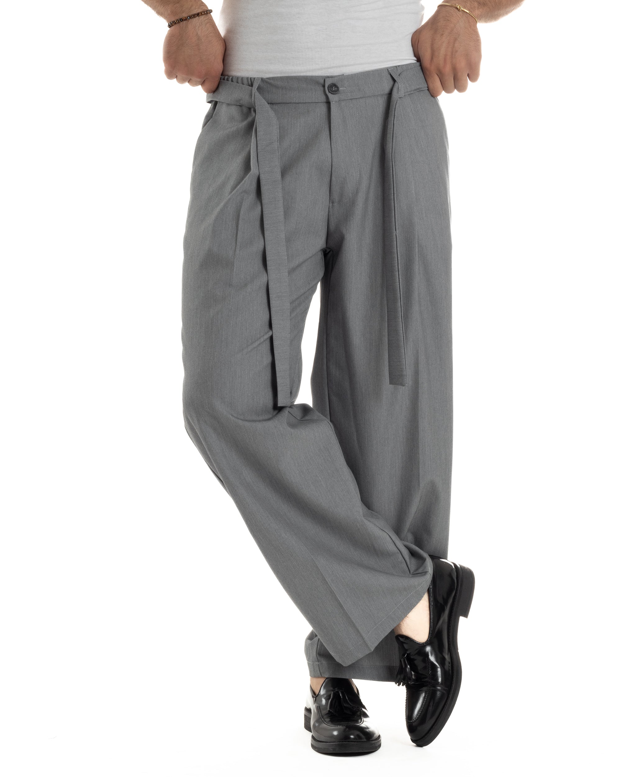 Pantaloni Uomo Viscosa Palazzo Fondo Ampio Jogger Con Pinces E Fusciacca Comodo Casual Tinta Unita Grigio GIOSAL-P6289A
