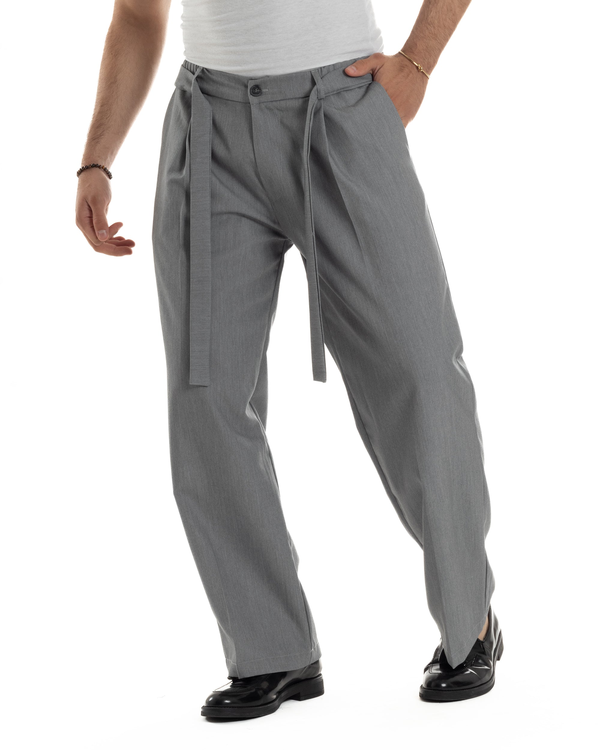 Pantaloni Uomo Viscosa Palazzo Fondo Ampio Jogger Con Pinces E Fusciacca Comodo Casual Tinta Unita Grigio GIOSAL-P6289A