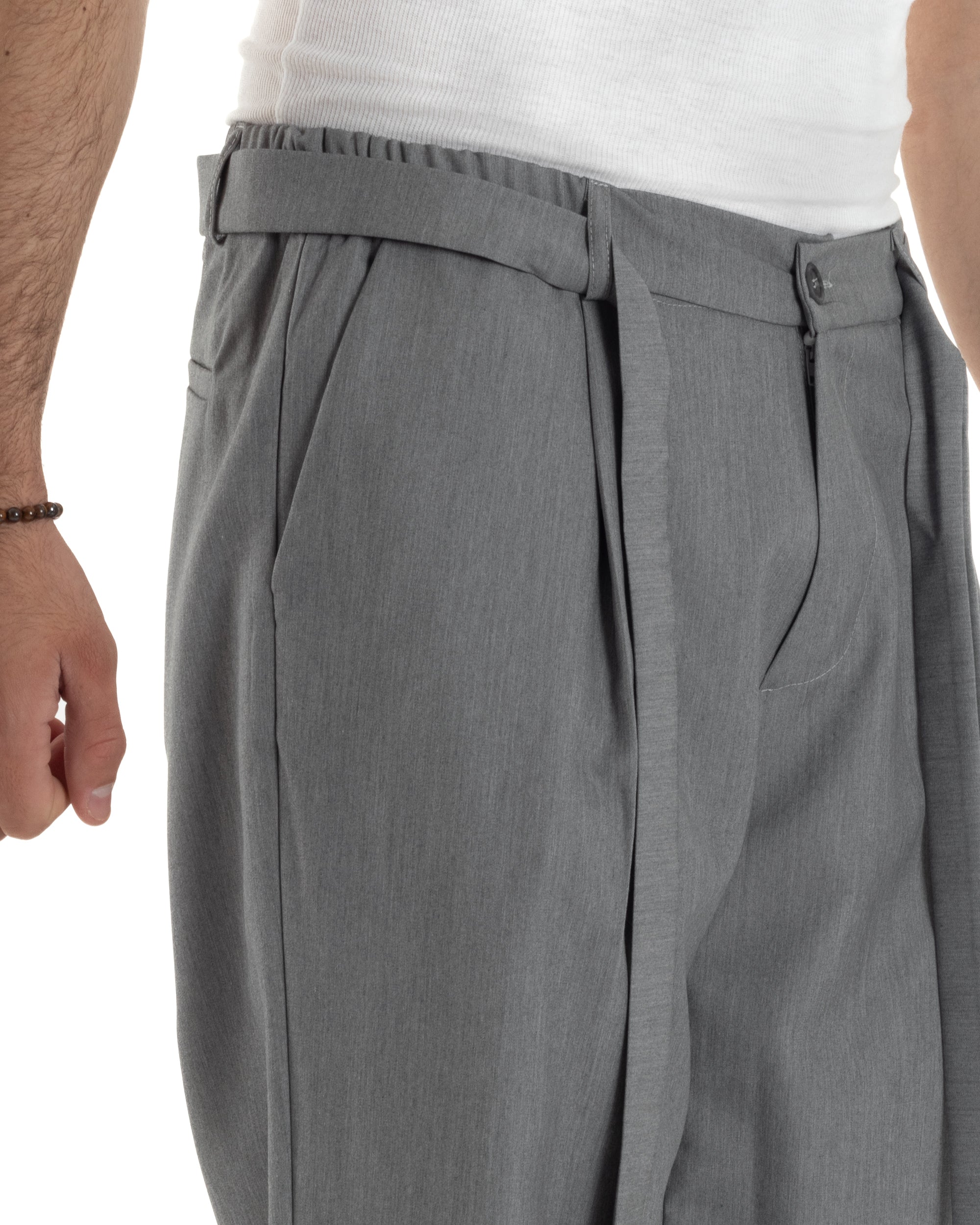Pantaloni Uomo Viscosa Palazzo Fondo Ampio Jogger Con Pinces E Fusciacca Comodo Casual Tinta Unita Grigio GIOSAL-P6289A