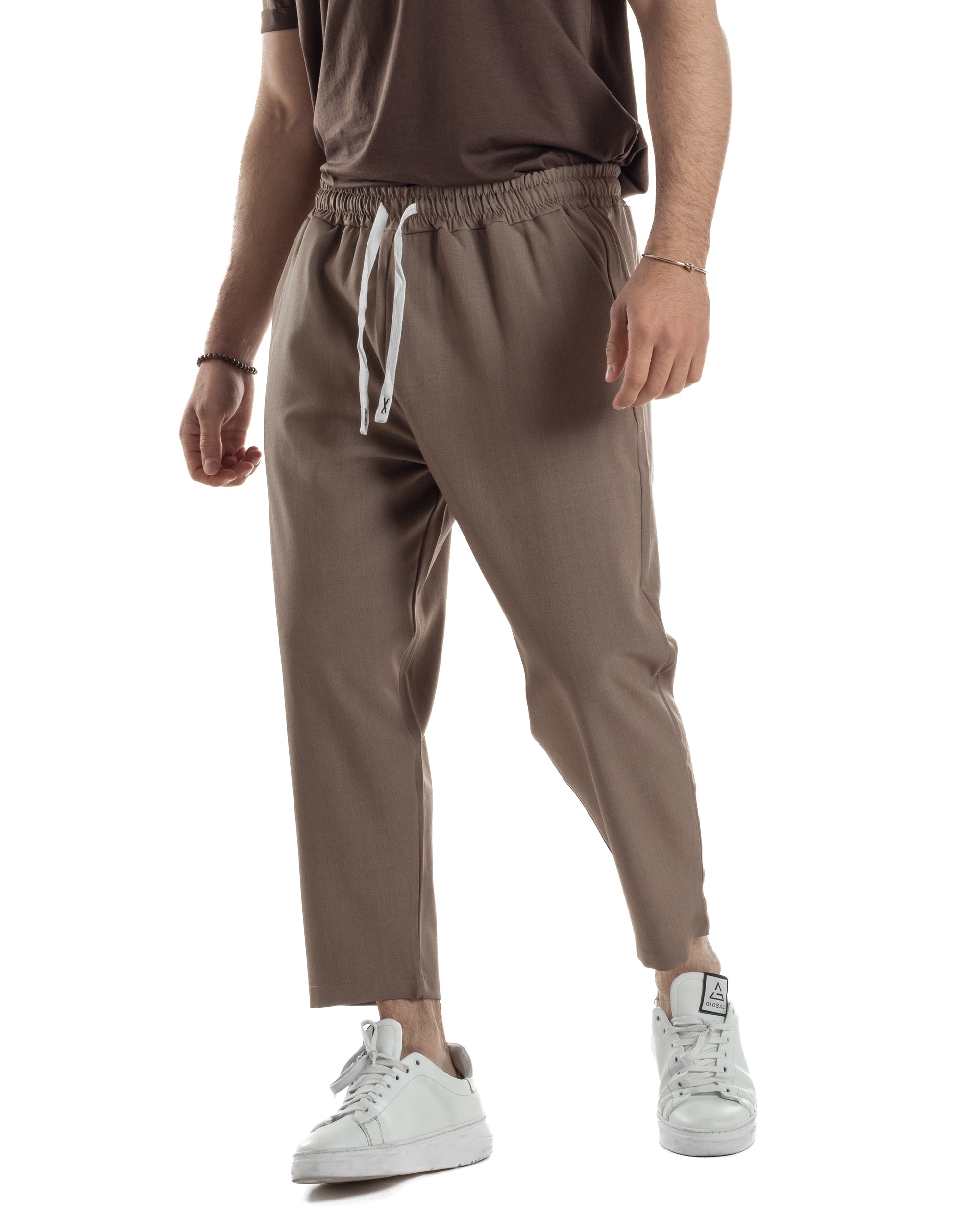 Pantalaccio Uomo Viscosa Pantaloni Casual Jogger Japan Cropped Dritto Tinta Unita Marrone GIOSAL-P6291A
