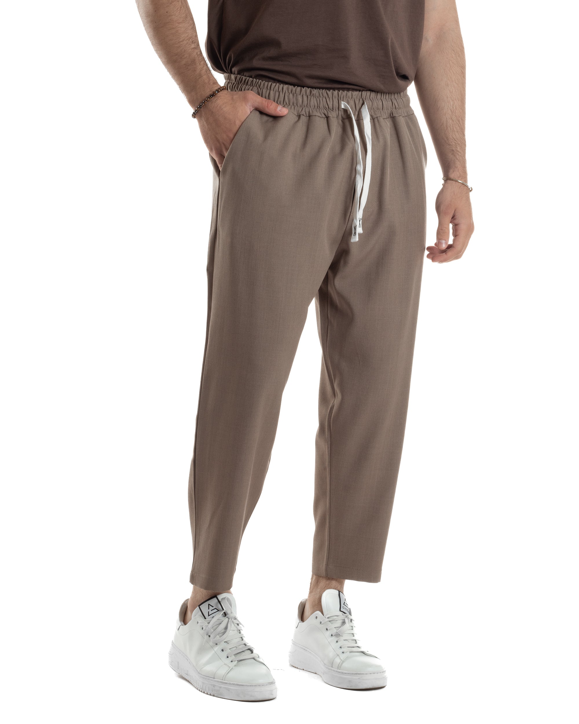 Pantalaccio Uomo Viscosa Pantaloni Casual Jogger Japan Cropped Dritto Tinta Unita Marrone GIOSAL-P6291A