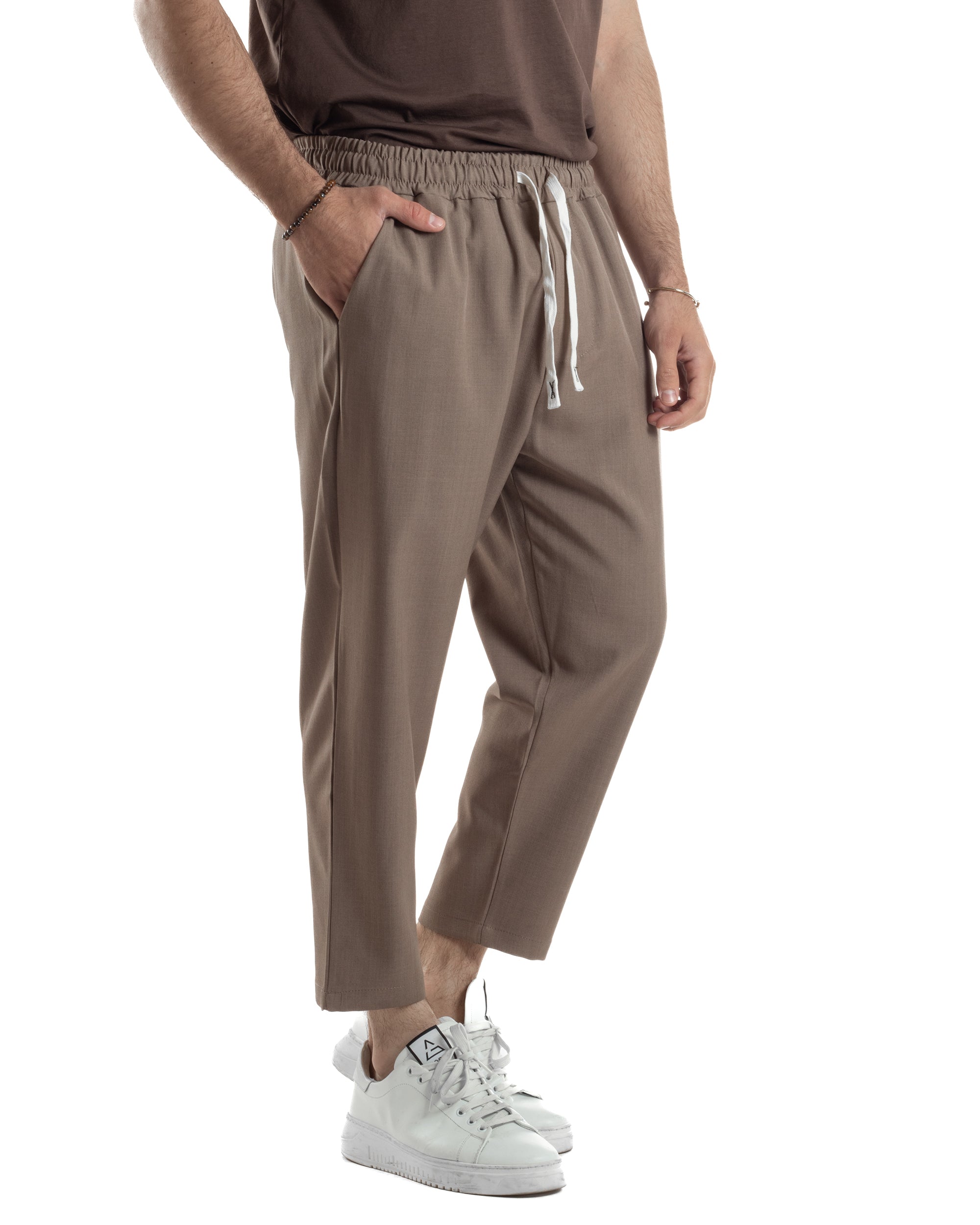 Pantalaccio Uomo Viscosa Pantaloni Casual Jogger Japan Cropped Dritto Tinta Unita Marrone GIOSAL-P6291A