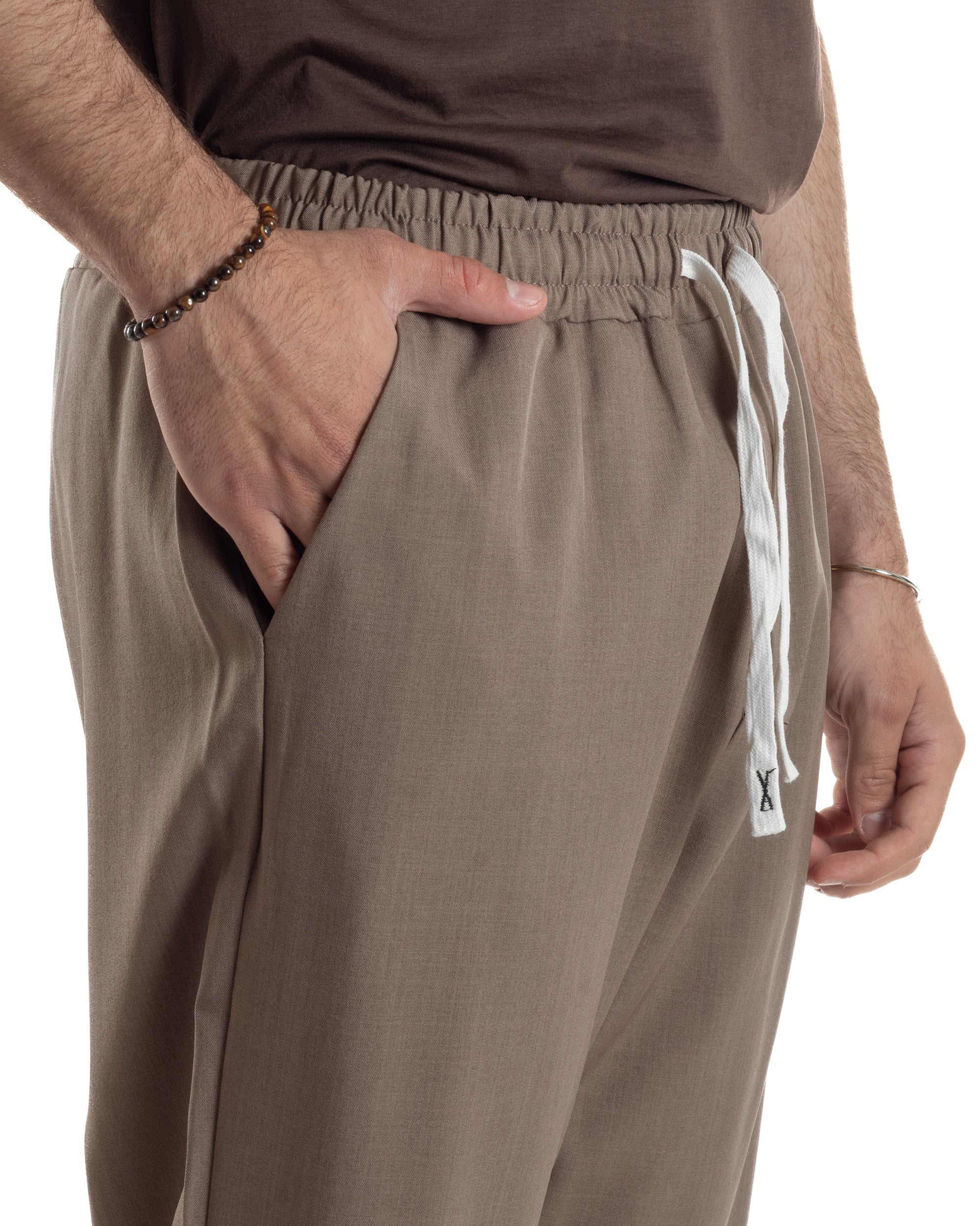 Pantalaccio Uomo Viscosa Pantaloni Casual Jogger Japan Cropped Dritto Tinta Unita Marrone GIOSAL-P6291A