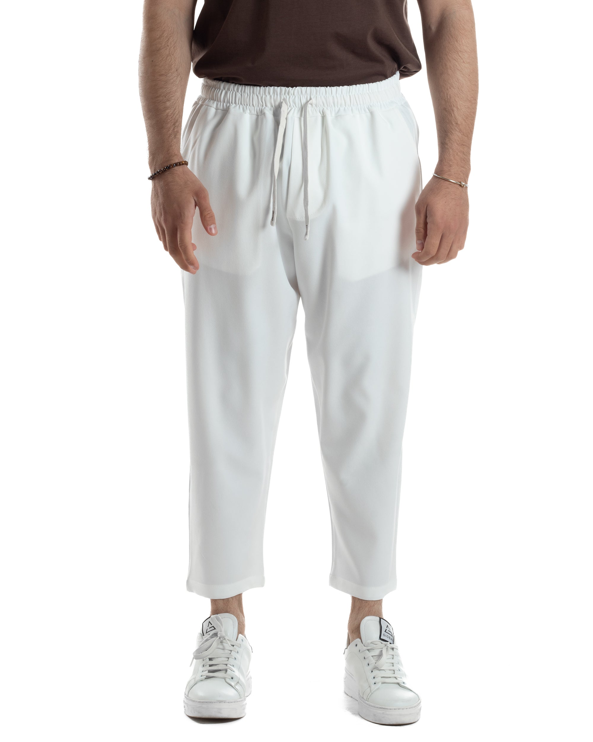 Pantalaccio Uomo Viscosa Pantaloni Casual Jogger Japan Cropped Dritto Tinta Unita Bianco GIOSAL-P6294A
